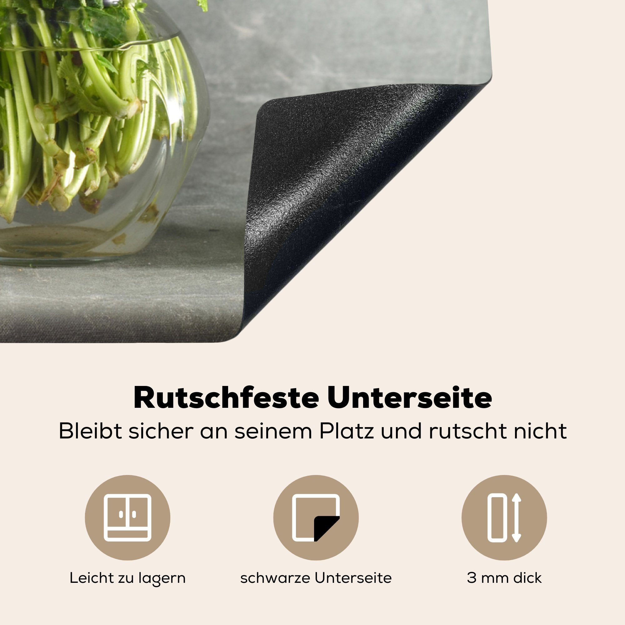 küche, tlg), Induktionskochfeld cm, Herdblende-/Abdeckplatte Hintergrund, Vinyl, (1 81x52 Ceranfeldabdeckung MuchoWow grauem die vor Schutz einer Glasvase in Blattschnitte für