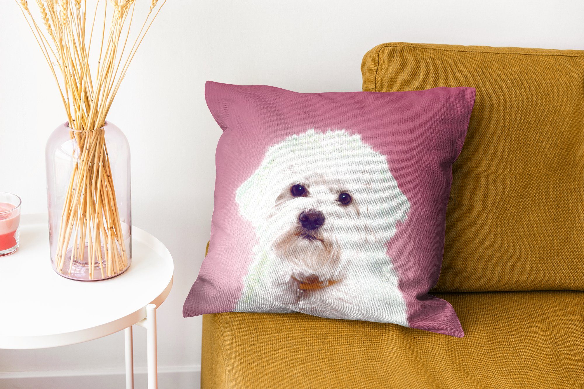 Schlafzimmer, Malteser mit Füllung Dekokissen Sofakissen Hund rosa Wohzimmer, Hintergrund, Deko, für Zierkissen MuchoWow mit