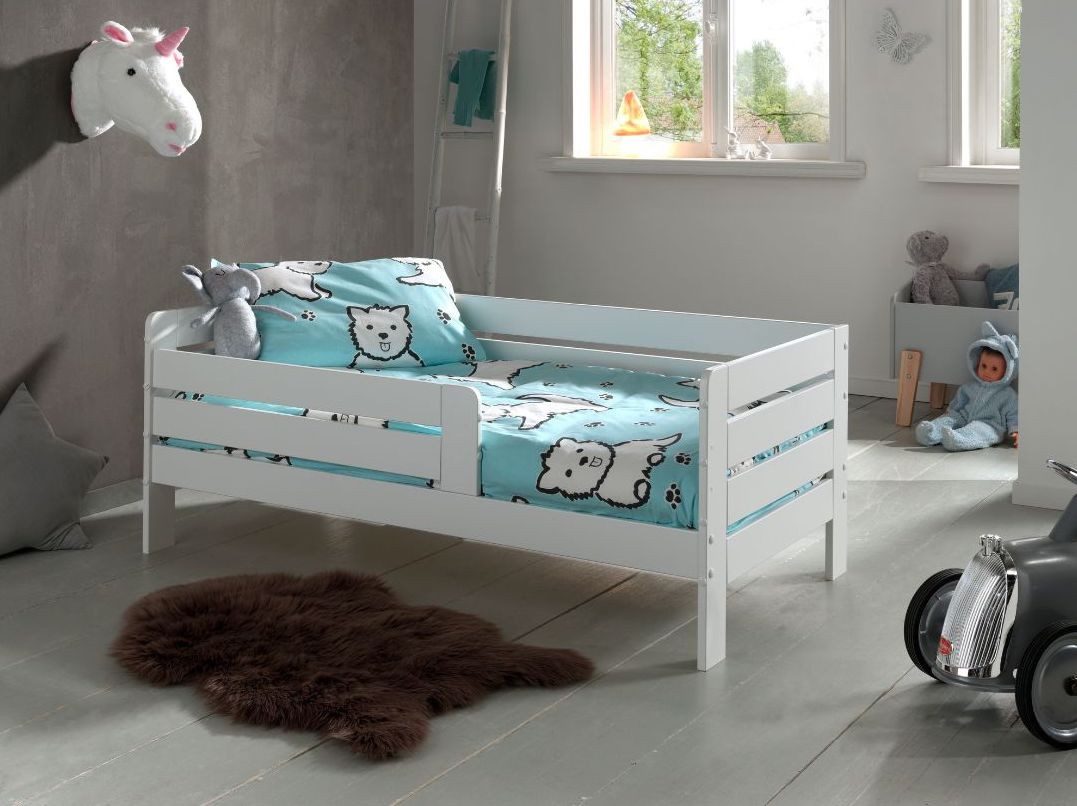 Faizee Möbel Kinderbett Juniorbett 70x140cm, Umrandung mit Sprossen, Kiefer massiv Weiß/Grau