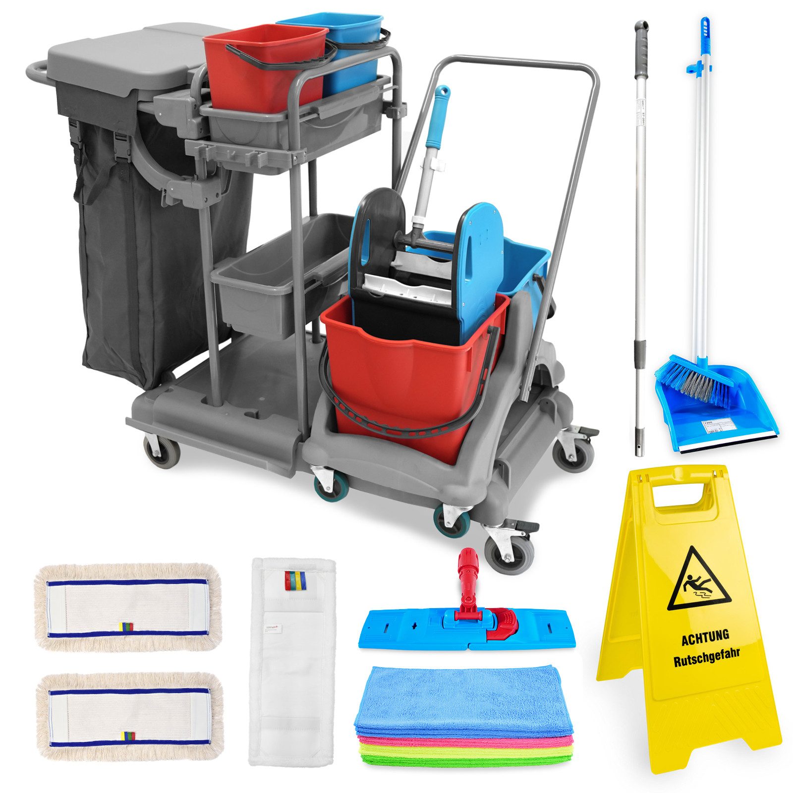 Hypafol Putzwagen HY-2005, (SET, Eimer,Halterung für Besen, Möppe,Mikrof.Tücher,Kehrgarnitur,Warnschild)