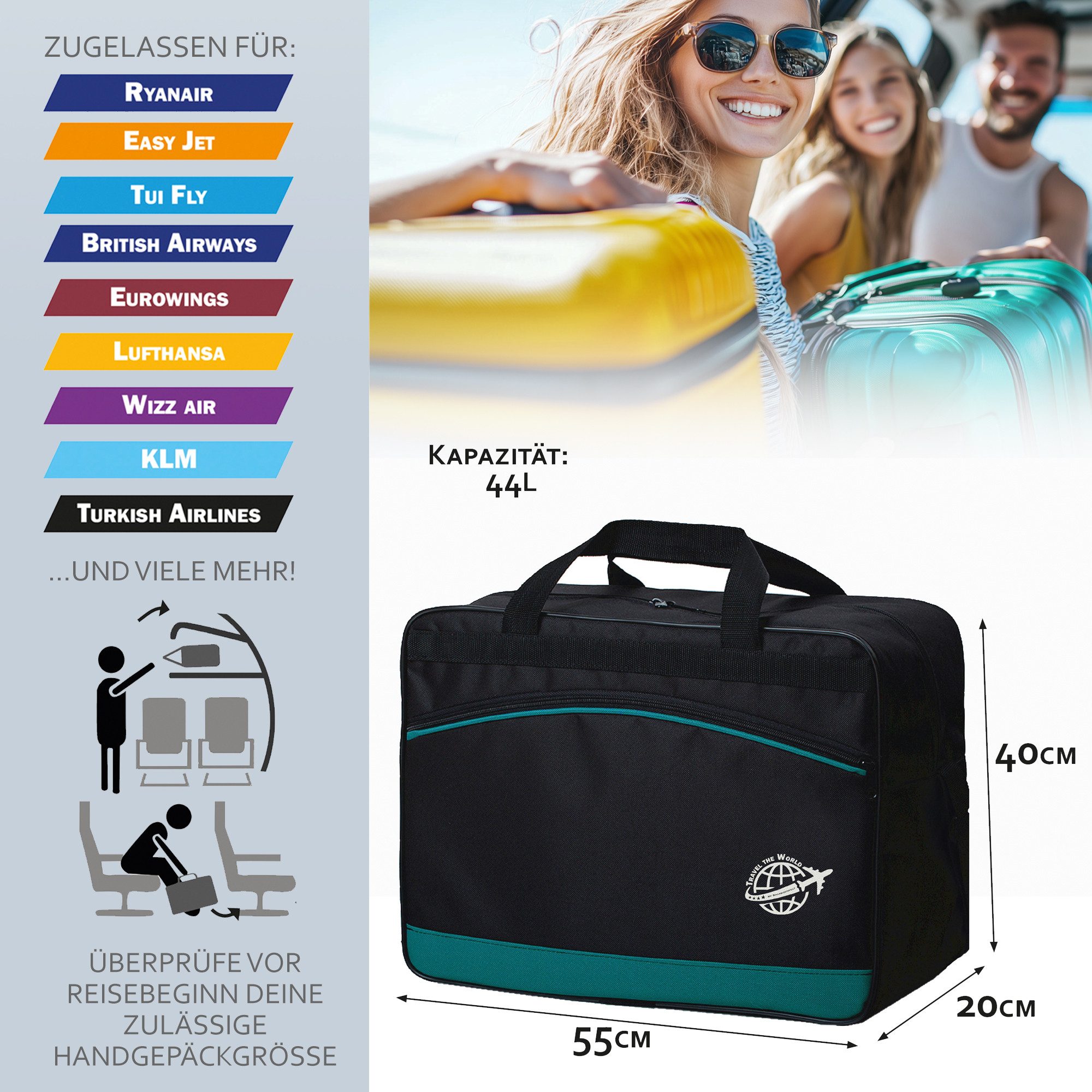 BambiniWelt by Rafael K. Reisetasche Handgepäck Boardgepäck Bordcase 40x20x25 40x30x20 Ryanair Wizzair (M1), wasserabweisend