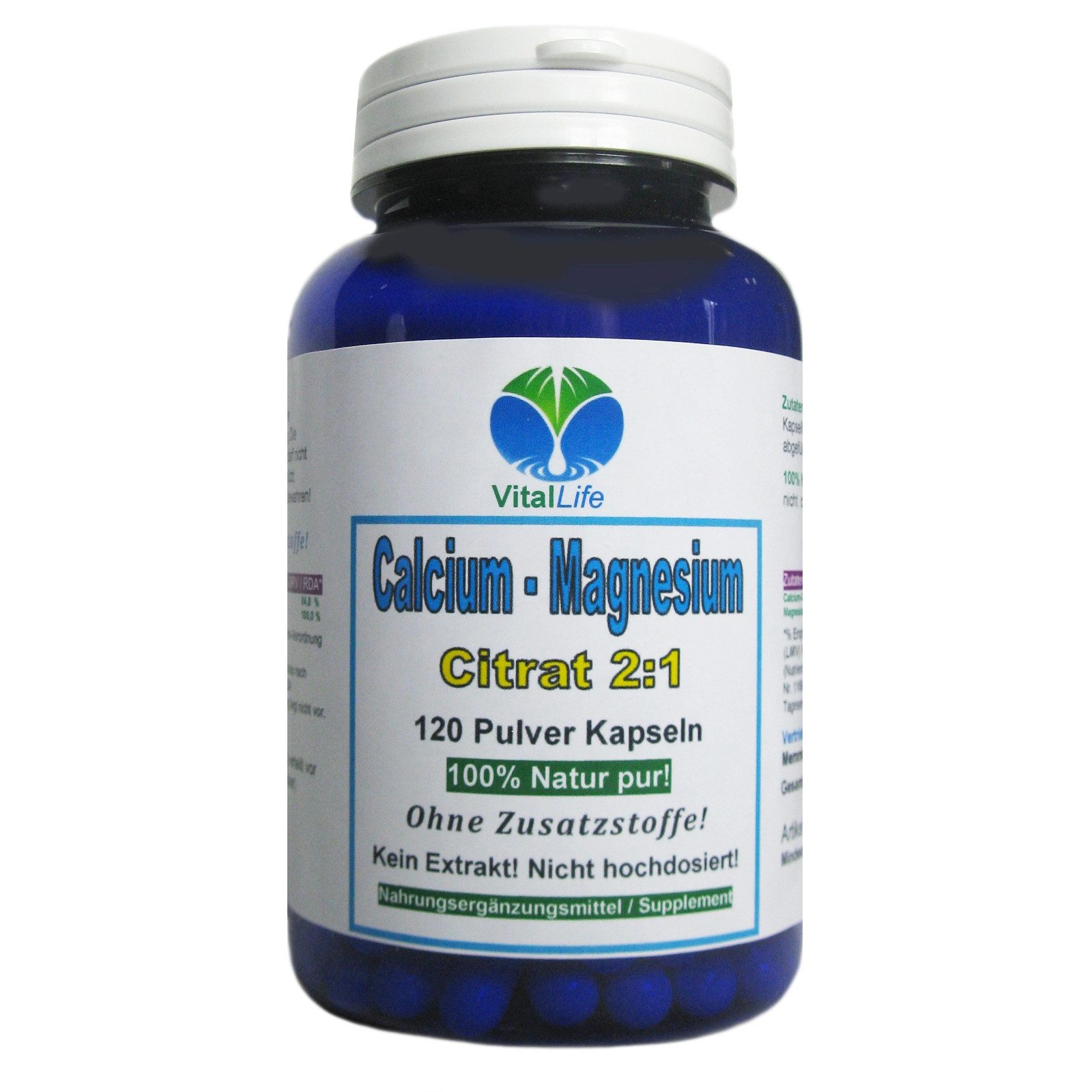 VitalLife Calcium Magnesium Citrate Komplex Calciumcitrat Magnesiumcitrat 2:1 Kapseln, 1 er Dose à 120 St., 71 g, Art. 26324-120