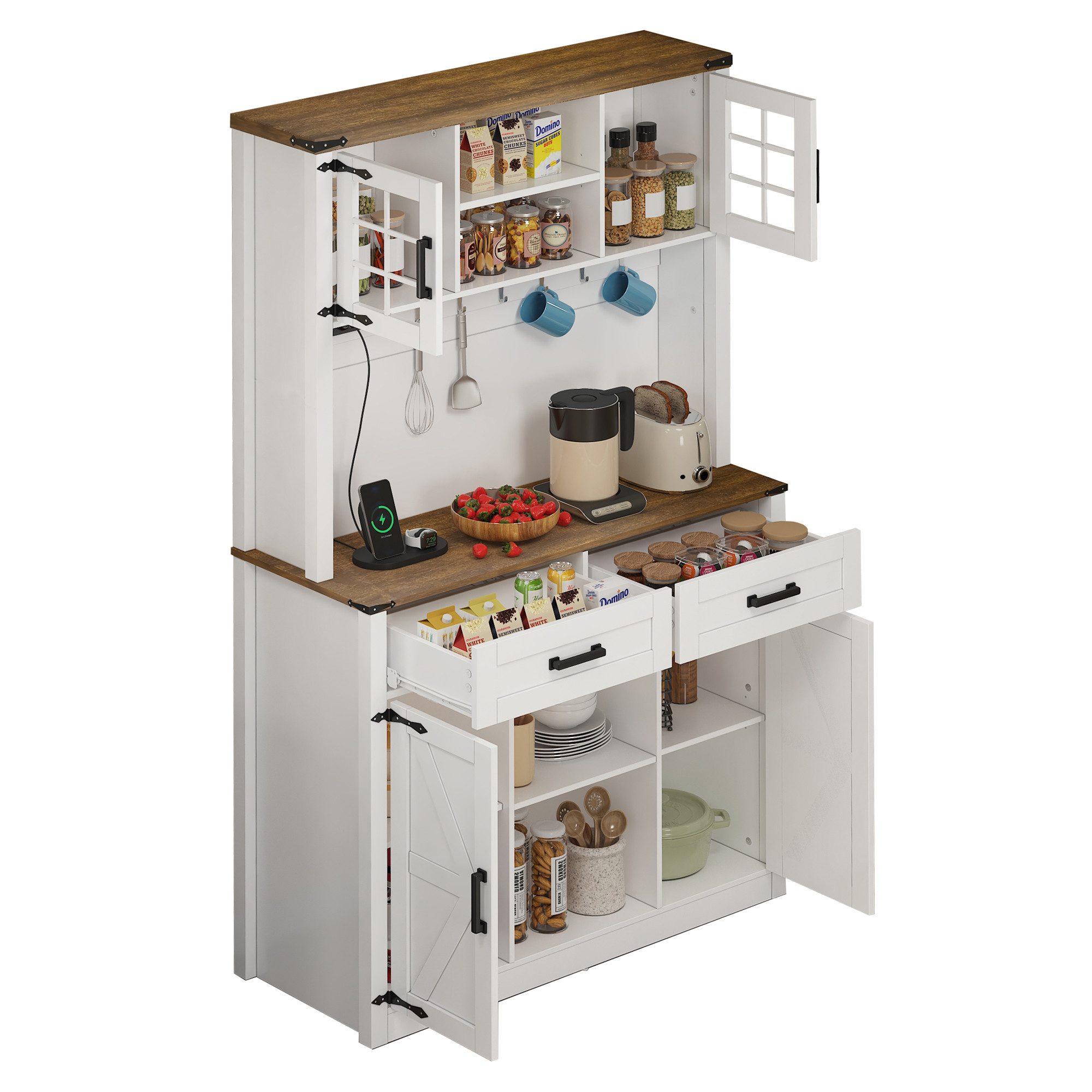 Welltin Barschrank Barschrank mit LED-Beleuchtung und integrierten Steckdosen Buffetschrank im Scheunentor Design mit verstellbaren Böden
