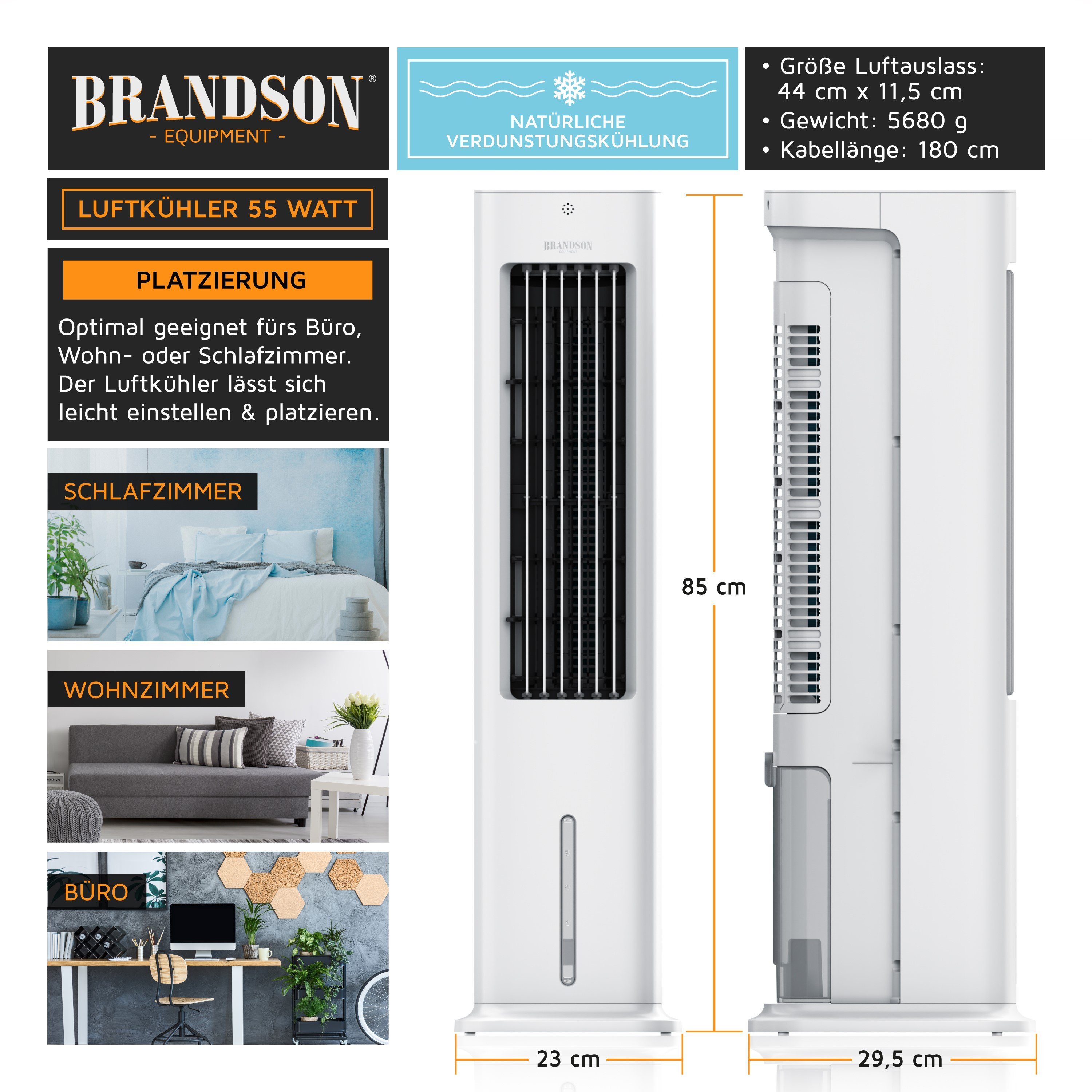 Brandson Ventilatorkombigerät Mobiler Luftkühler, 5L Wassertank, Luftbefeuchter, Verdunstungskühler, Preisträger 2025, 3 Modi, Autostopp bei leerem Tank, Timer, Lüfter