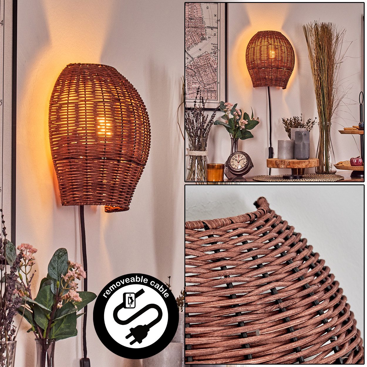 Wandleuchte Wandlampe aus Metall/Rattan in Schwarz/Dunkelbraun