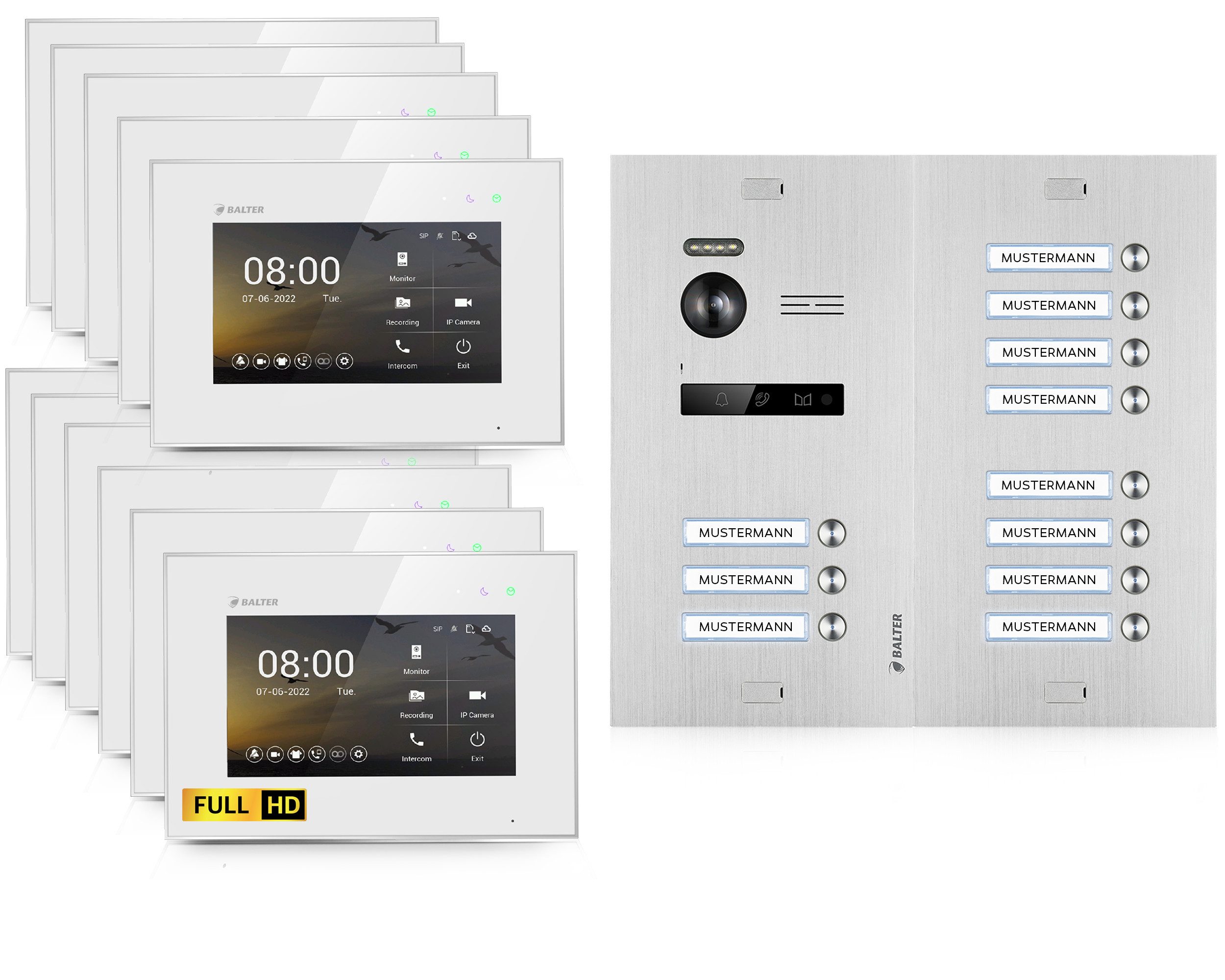 Balter Video-Türsprechanlage HD Video Türsprechanlage für 11 Familienhaus, 11x Monitor (Komplettset, 11-tlg., Full HD Kamera, 175 Grad Weitwinkel)