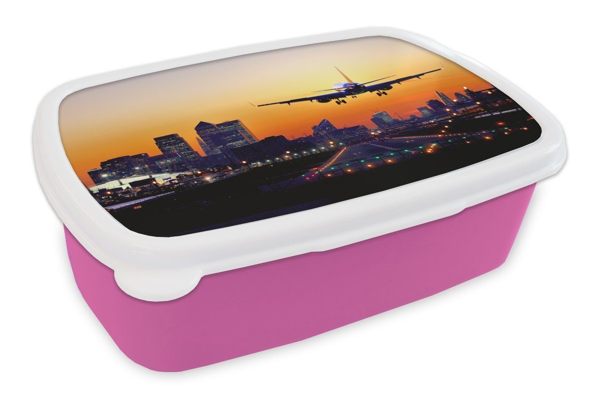 MuchoWow Lunchbox Flugzeug landet in London, Kunststoff, (2-tlg), Brotbox für Erwachsene, Brotdose Kinder, Snackbox, Mädchen, Kunststoff rosa