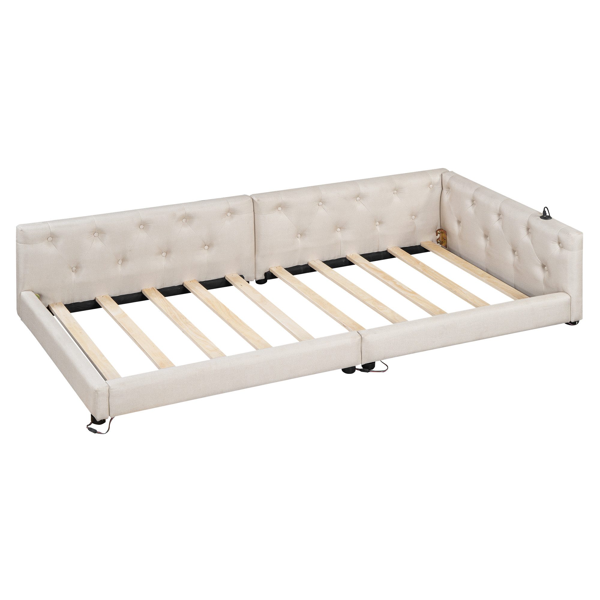 SOFTWEARY Schlafsofa mit LED-Beleuchtung und Lattenrost, Polsterbett mit Mehrfachsteckdose und Chesterfield Steppung, 90x200 cm, Einzelbett, Leinen