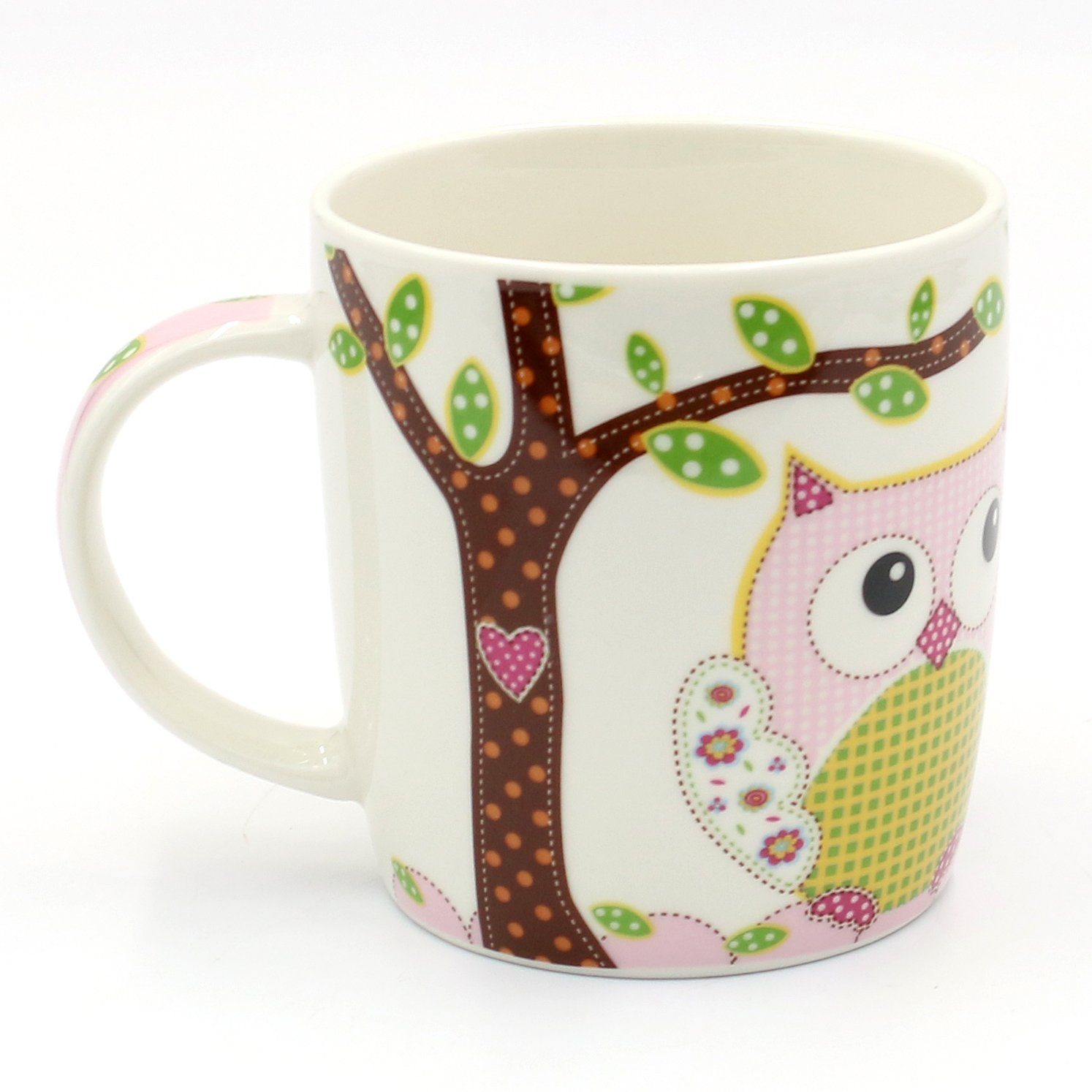 Dekohelden24 Tasse 2er Set Kaffeebecher Kaffeetasse aus Porzellan - Motiv: bunte Eulen, 2-tlg., Porzellan