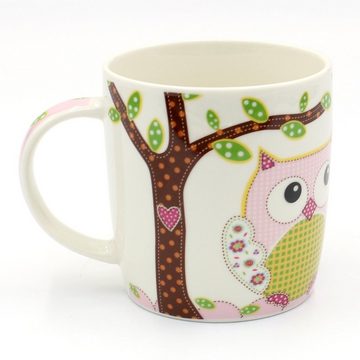 Dekohelden24 Tasse 2er Set Kaffeebecher Kaffeetasse aus Porzellan - Motiv: bunte Eulen, Porzellan