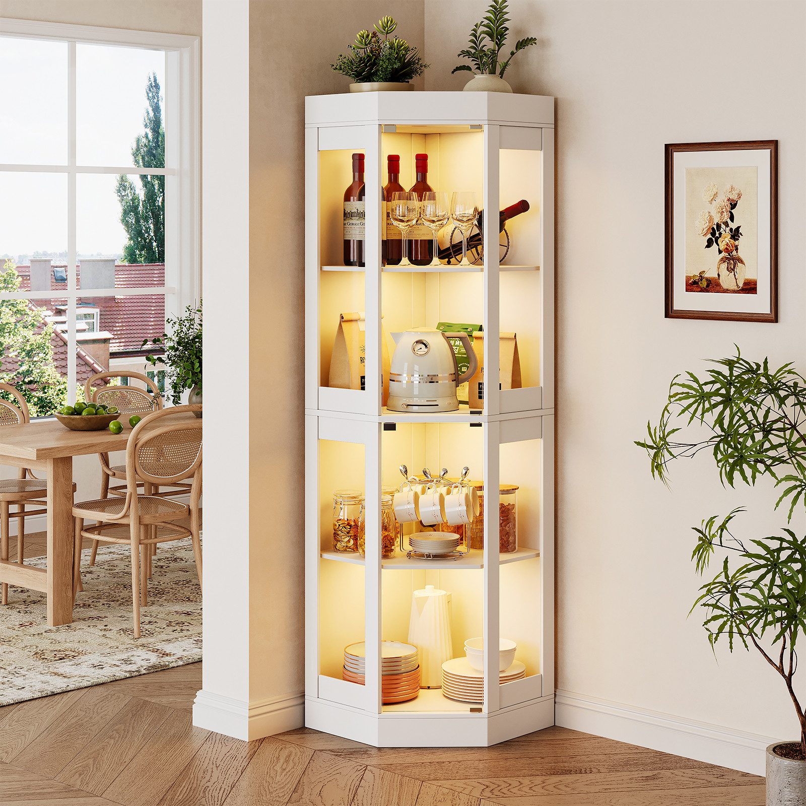 SVEYLXA Eckvitrine Beleuchtete LED Ecken-Vitrine mit Glastüren für Wohnzimmer, Küche&Flur (1-St) 69,5×56×178cm, weiß