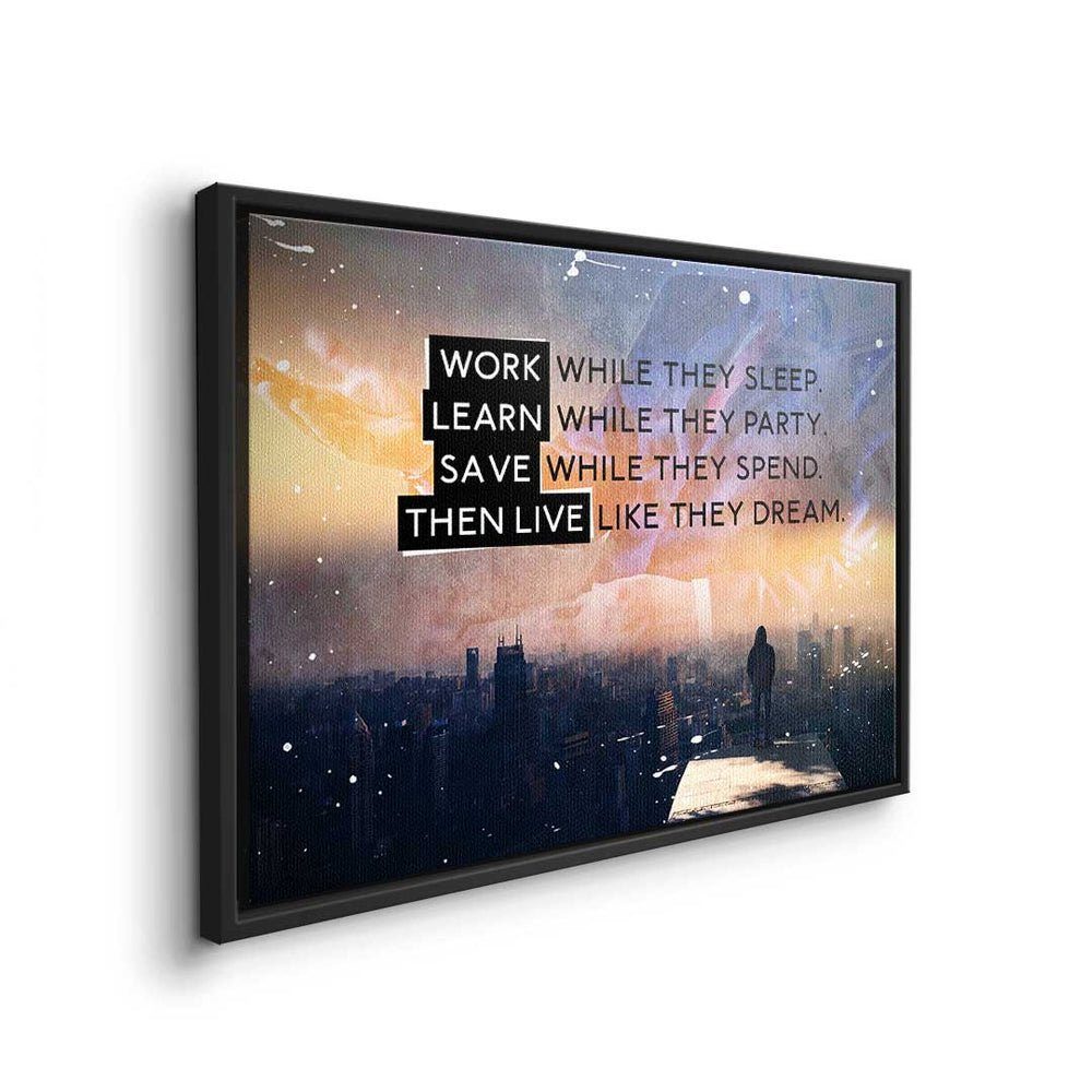 Premium Deutsch, Leinwandbild Rahmen Motivationsbild Leinwandbild, DOTCOMCANVAS® silberner - - - Träume Skyl verwirklichen