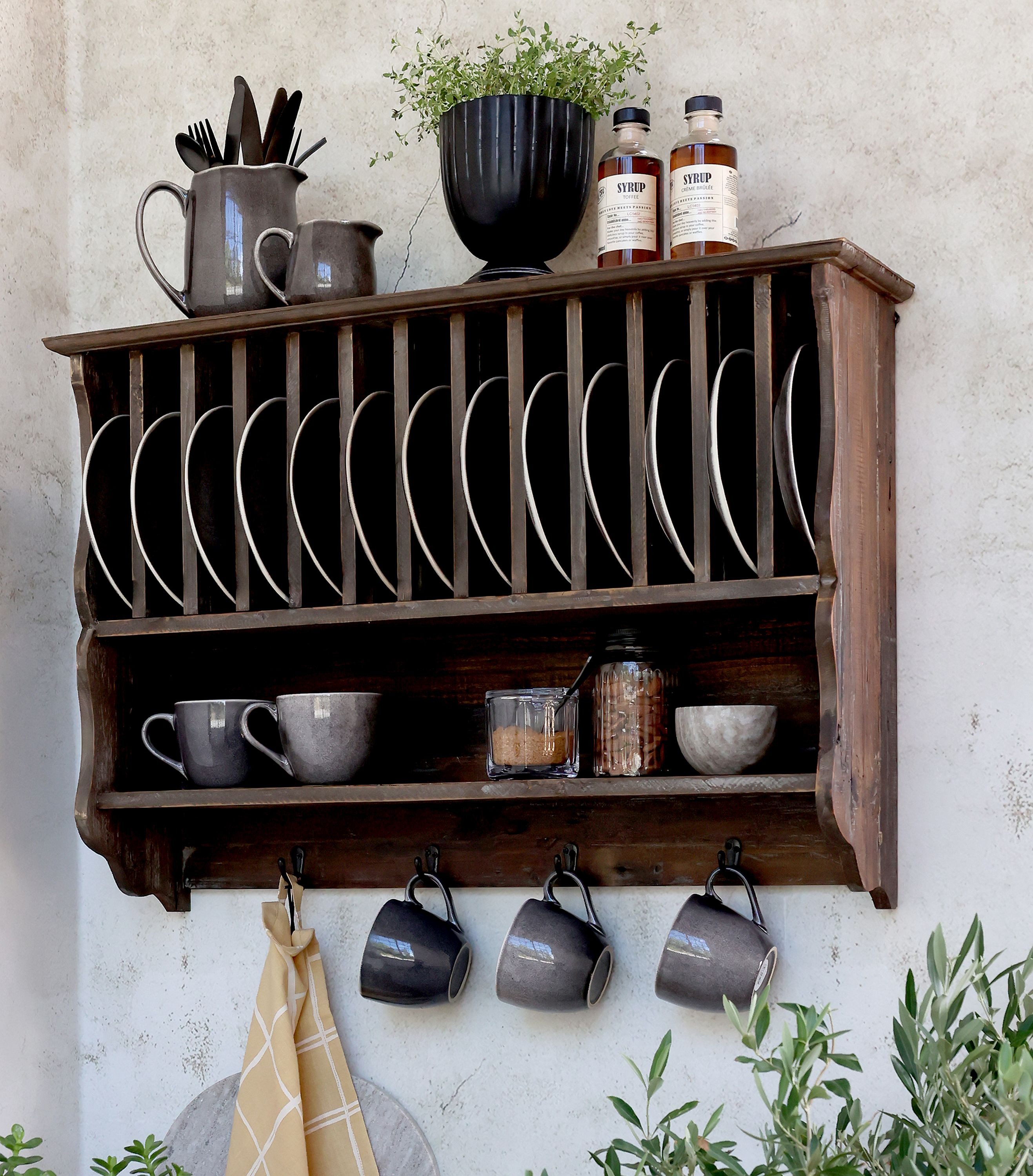 Chic Antique Wandregal Chic Antique - Wandregal Tellerregal mit Regalfach und 4 Haken Holz