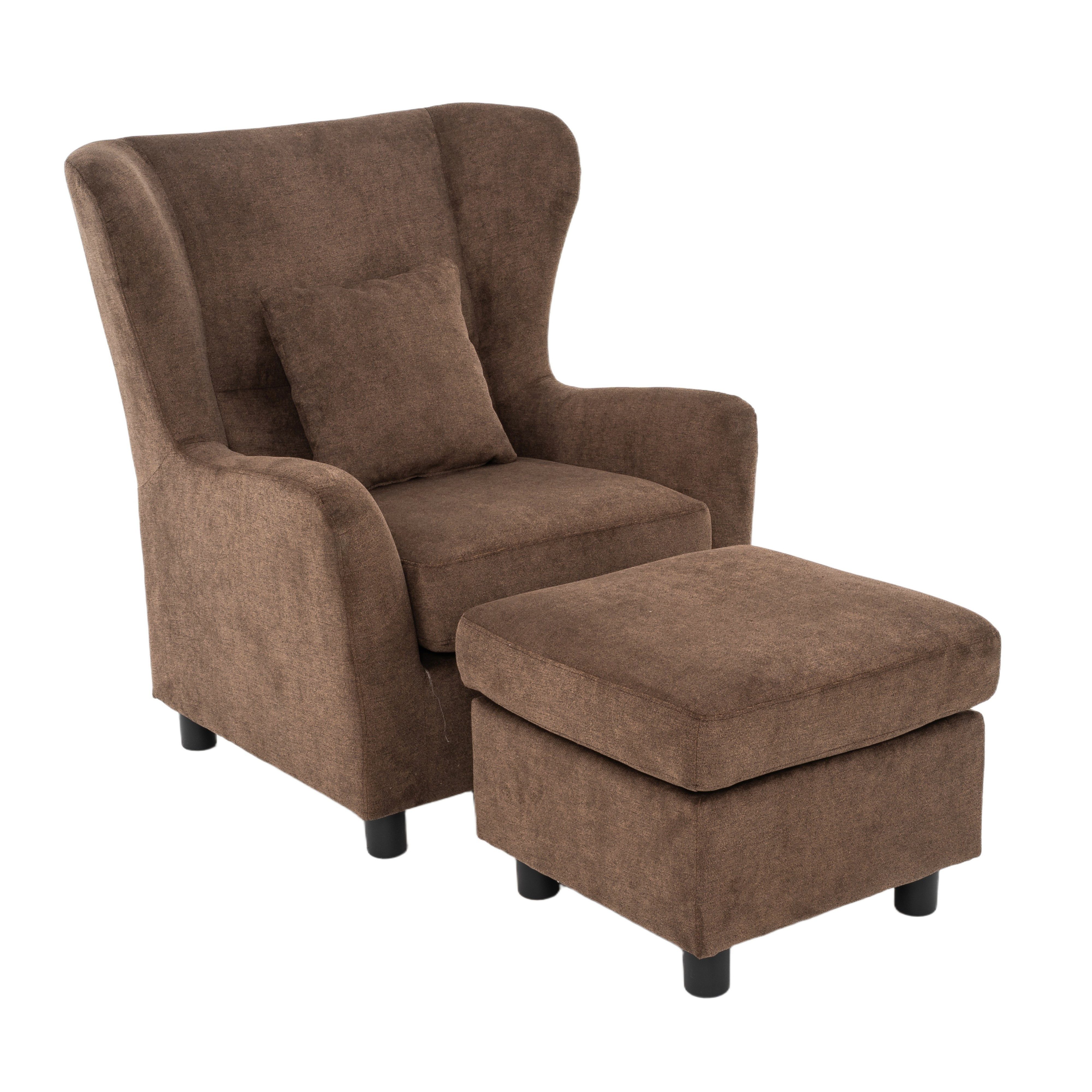 luma-home Ohrensessel 16147 (mit Hocker und Zierkissen, Polsterung mit Taschenfederkern, B89/H95/T79 cm), Lesesesel mit Echtholzfüßen, Bezug Mikrofaser in Braun