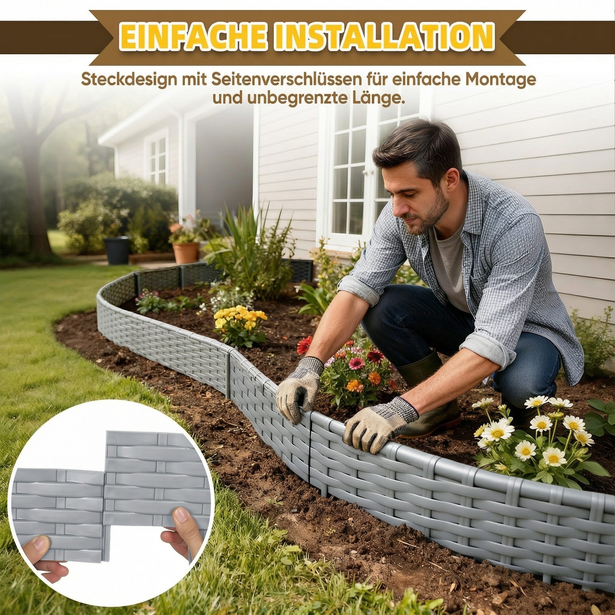 Huracan Beetumrandung Kunststoff Rasenkante Rattan-Optik, Beeteinfassung Beetumrandung Gartenpalisade, Wetterfeste UV-beständige Beetzaun Randsteine, Flexible S – Bild 4 von 5