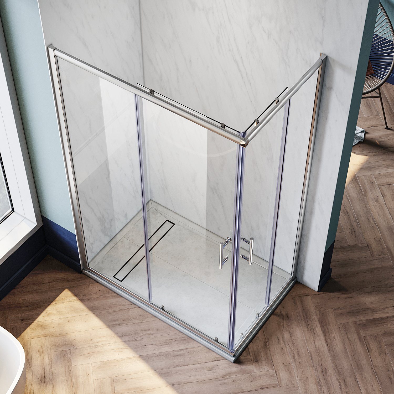 SONNI Eckdusche Duschkabine Eckeinstieg Schiebetüren ESG Glas Höhe 195cm, BxT: 70x70 cm, Einscheibensicherheitsglas, links und recht montierbar, Höhe 195cm