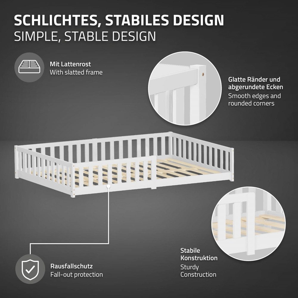 ML-DESIGN Spielbett Bodenbett Holzbett mit Lattenrost & Rausfallschutz Jugendbett Babybett, Abenteuerbett 140x200cm Weiß Kinderbett Bettgestell ohne Matratze – Bild 3 von 5