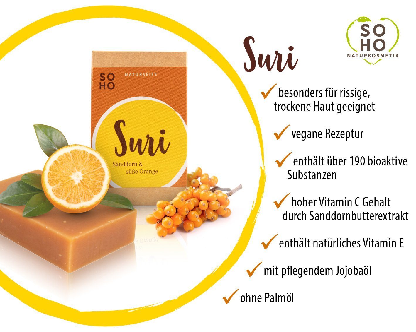 SOHO Naturkosmetik Feste Duschseife SURI Fruchtig, cremige Duschpflege mit Sanddornextrakt & süßer Orange