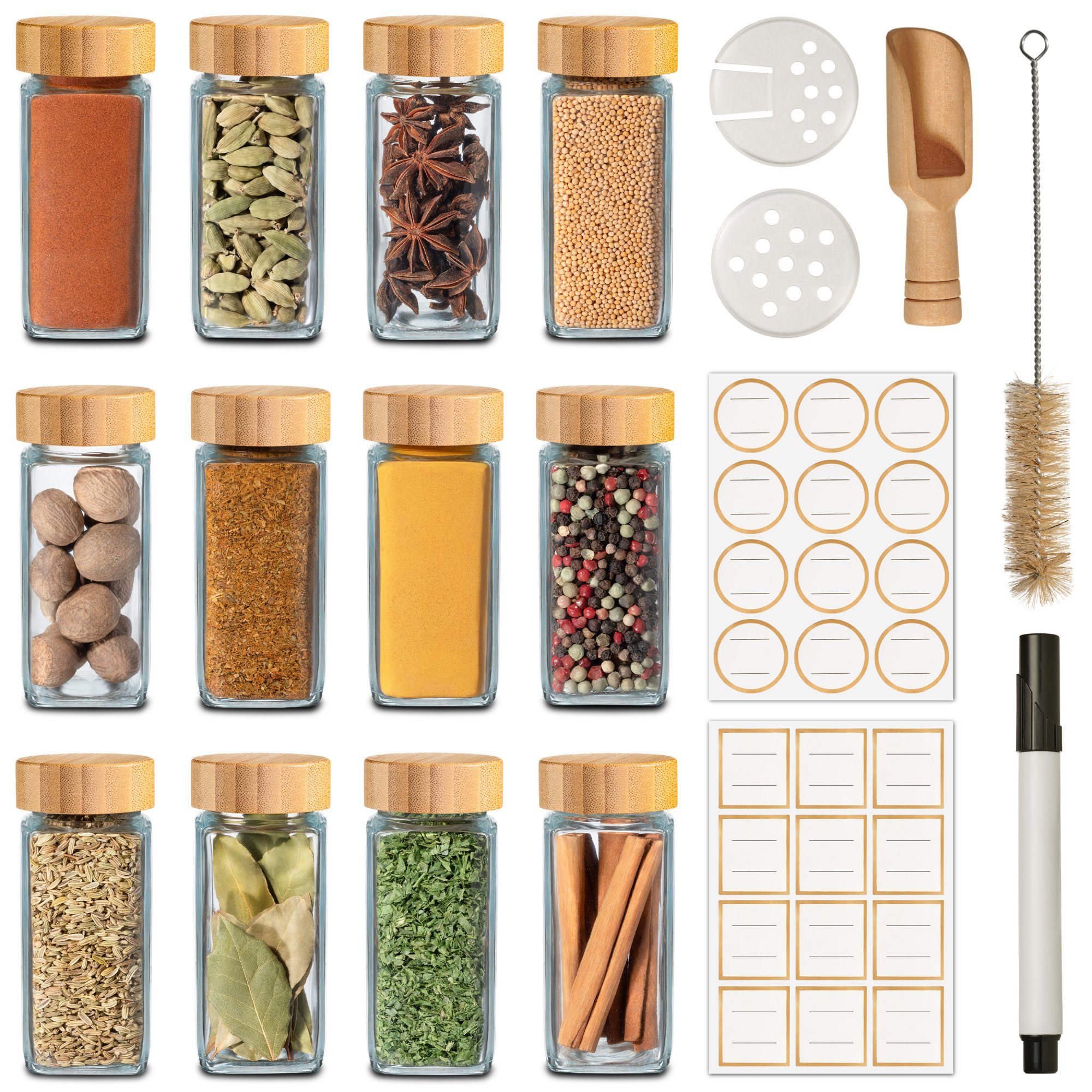Praknu Gewürzstreuer Gewürzgläser Eckig mit Bambusdeckel - 12er Set - Gewürz Organizer, (12-tlg), 120 ml Gewürz Organizer - Gewürzdosen - Gewürzgläser - Gewürzbehälter