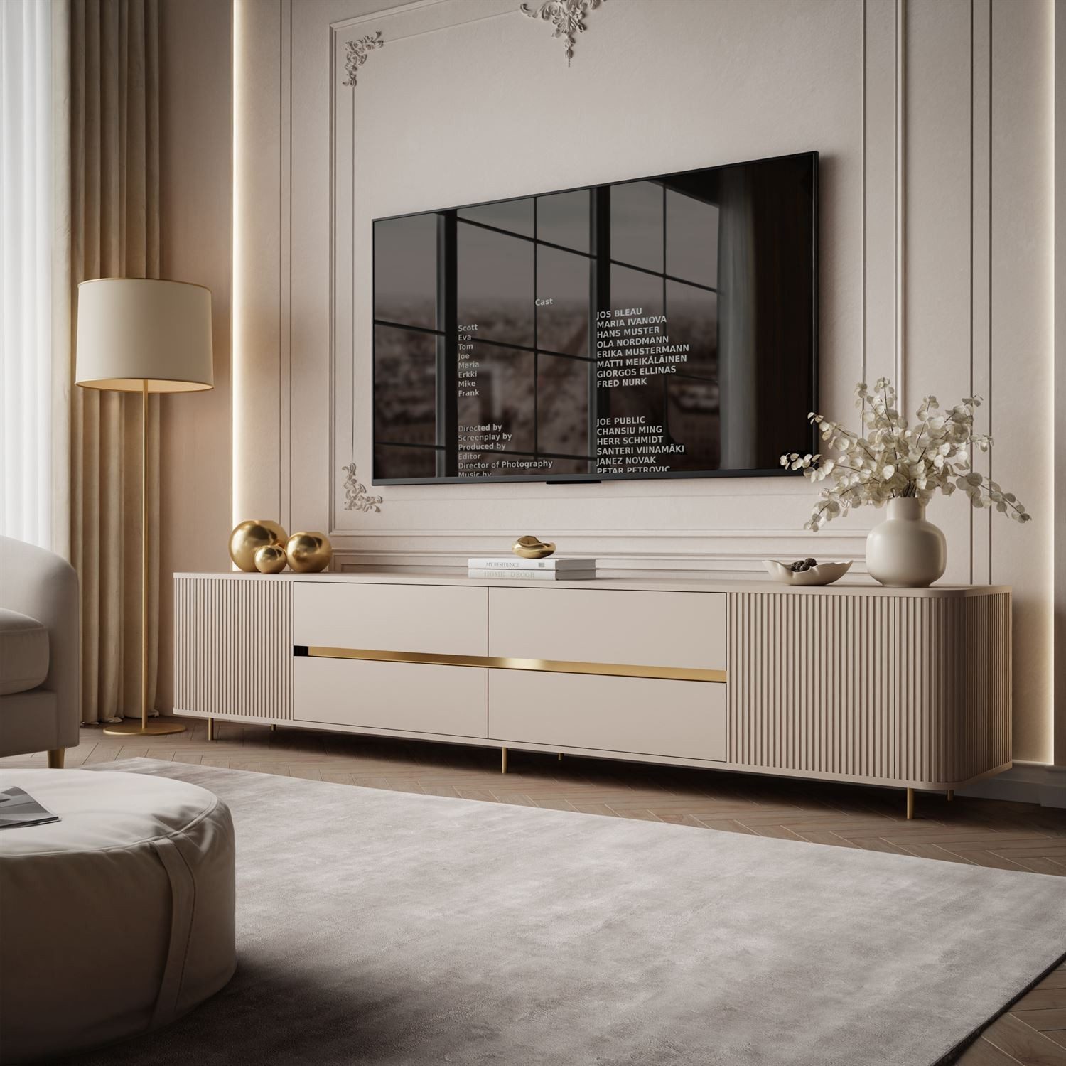 ALLHOUSE24 TV-Schrank MIRACLE GOLD mit dekorativen vertikalen Rillenstruktur, TV Lowboard (1x TV Schrank) Breite 240 cm