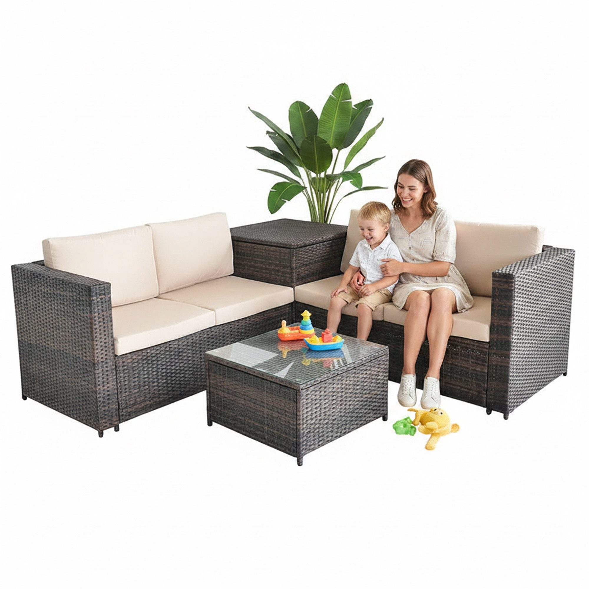 Mucola Gartenlounge-Set Polyrattan Sitzgruppe mit Auflagenbox Sitzgarnitur Gartengarnitur, (Set, inkl.Tisch), Sicherheitsglasplatte
