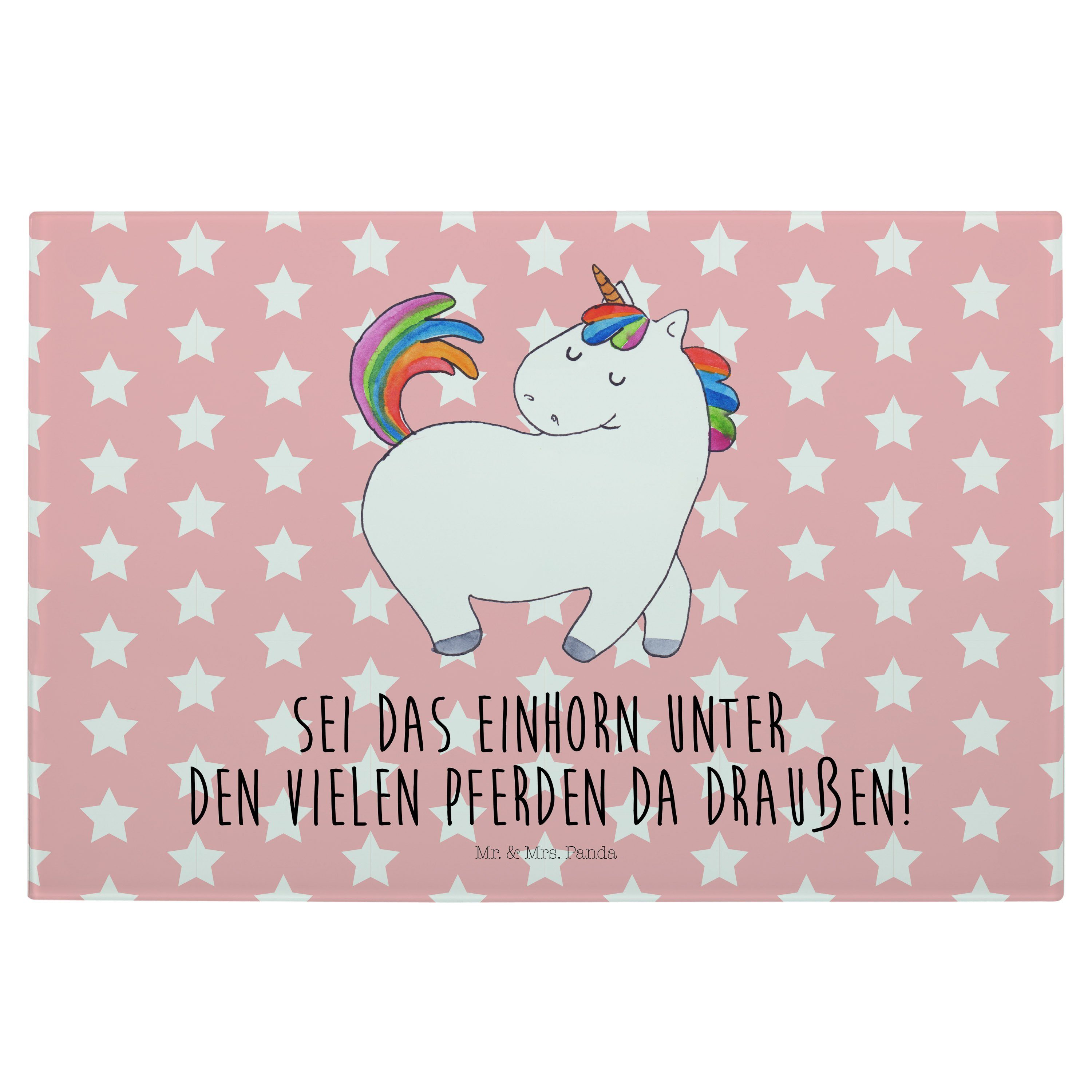 Mr. & Mrs. Panda Servierbrett Einhorn stolzierend - Rot Pastell - Geschenk, Unicorn, Einhörner, Gla, Premium Glas, (1-St) | Servierbretter