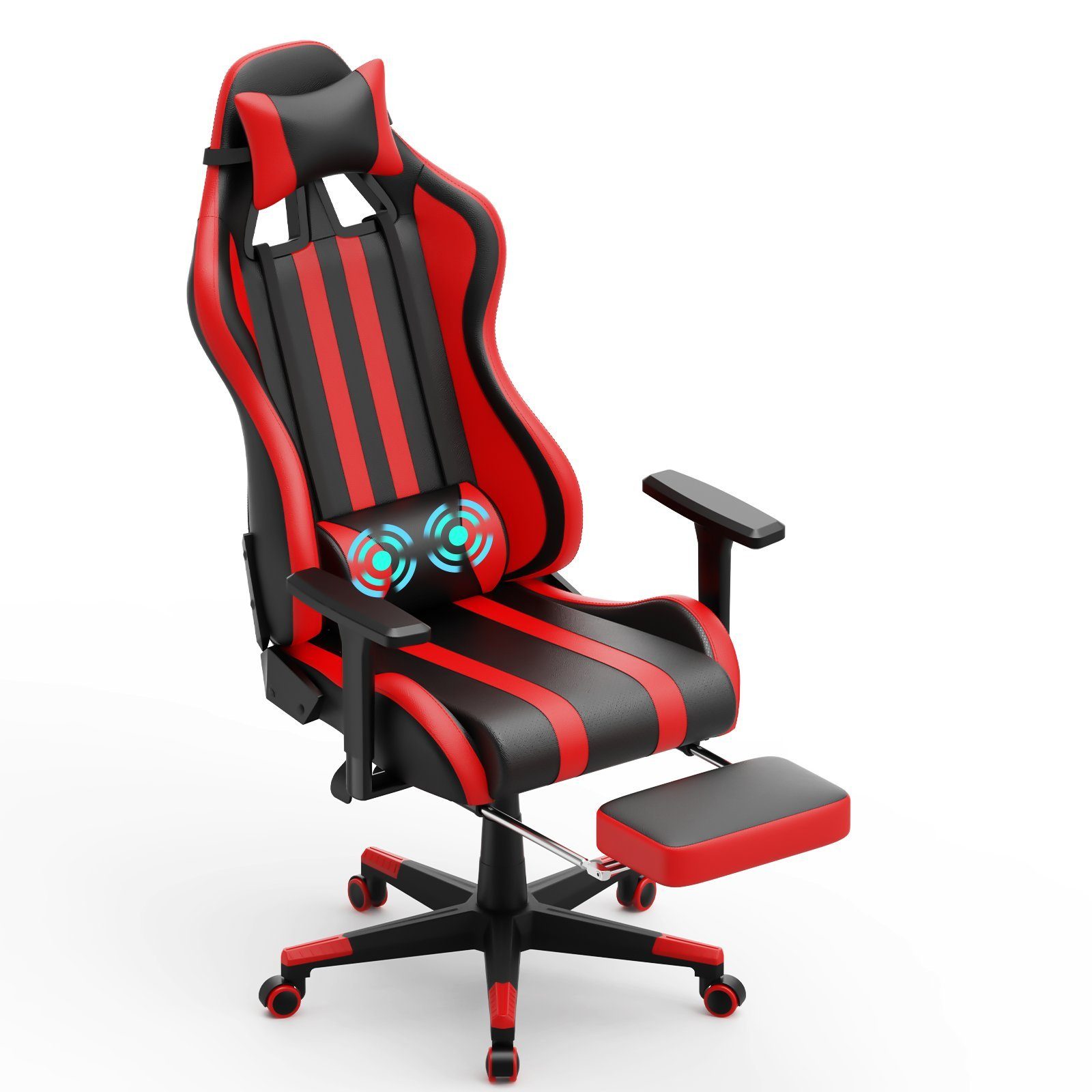 Ergonomischer Bürostuhl mit Lendenkissen Schreibtischstuhl, UISEBRT Massage Kopfstütze, Gaming-Stuhl Rot