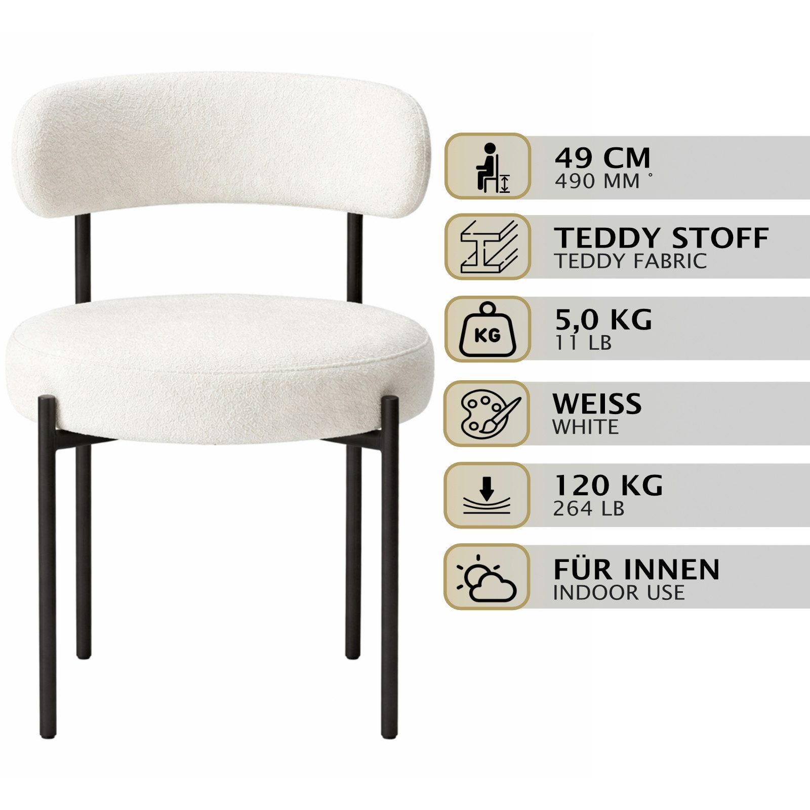 HAGO Esszimmerstuhl 2er Set Küchenstühle Esszimmerstühle Teddy Stoff Rückenlehne rund – Bild 2 von 5