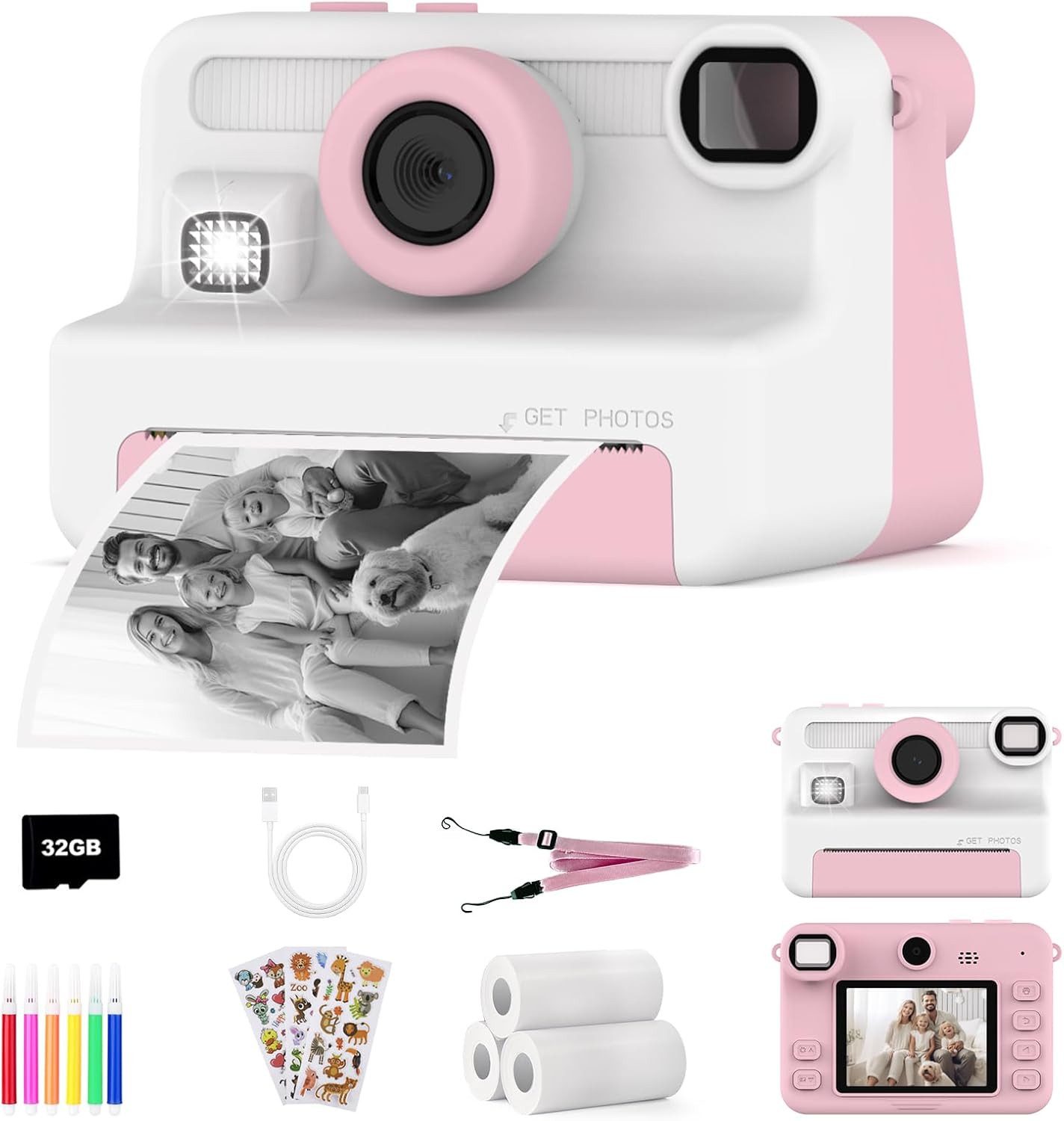 AMZSA Kinderkamera Sofortdruck 1080P HD mit 32GB Karte Sofortbildkamera Sofortbildkamera (inkl. Kinderkamera Set mit Druckpapier Stiften Stickern und 32GB Karte, Sofortdruck 1080P Video 32GB Karte Spiele kompakte Bauweise)