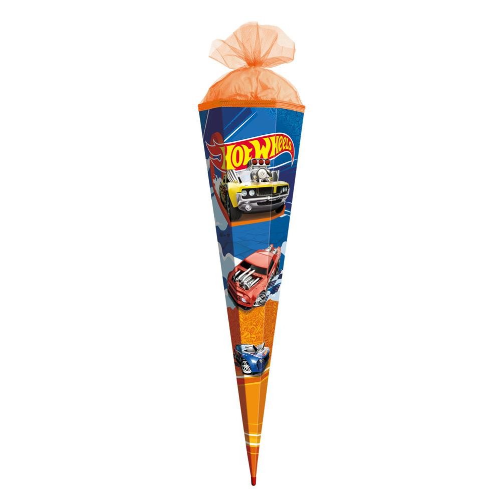 Roth Schultüte Hot Wheels, 85cm, eckig, mit Rot(h)-Spitze und orangefarbigem Tüllverschluss