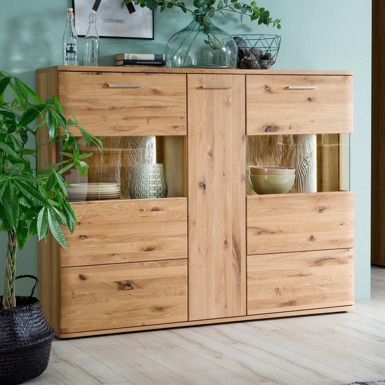 Empinio24 Highboard Santa Fe, Breite 150 cm, Eiche teilmassiv bianco, mit 3 Türen