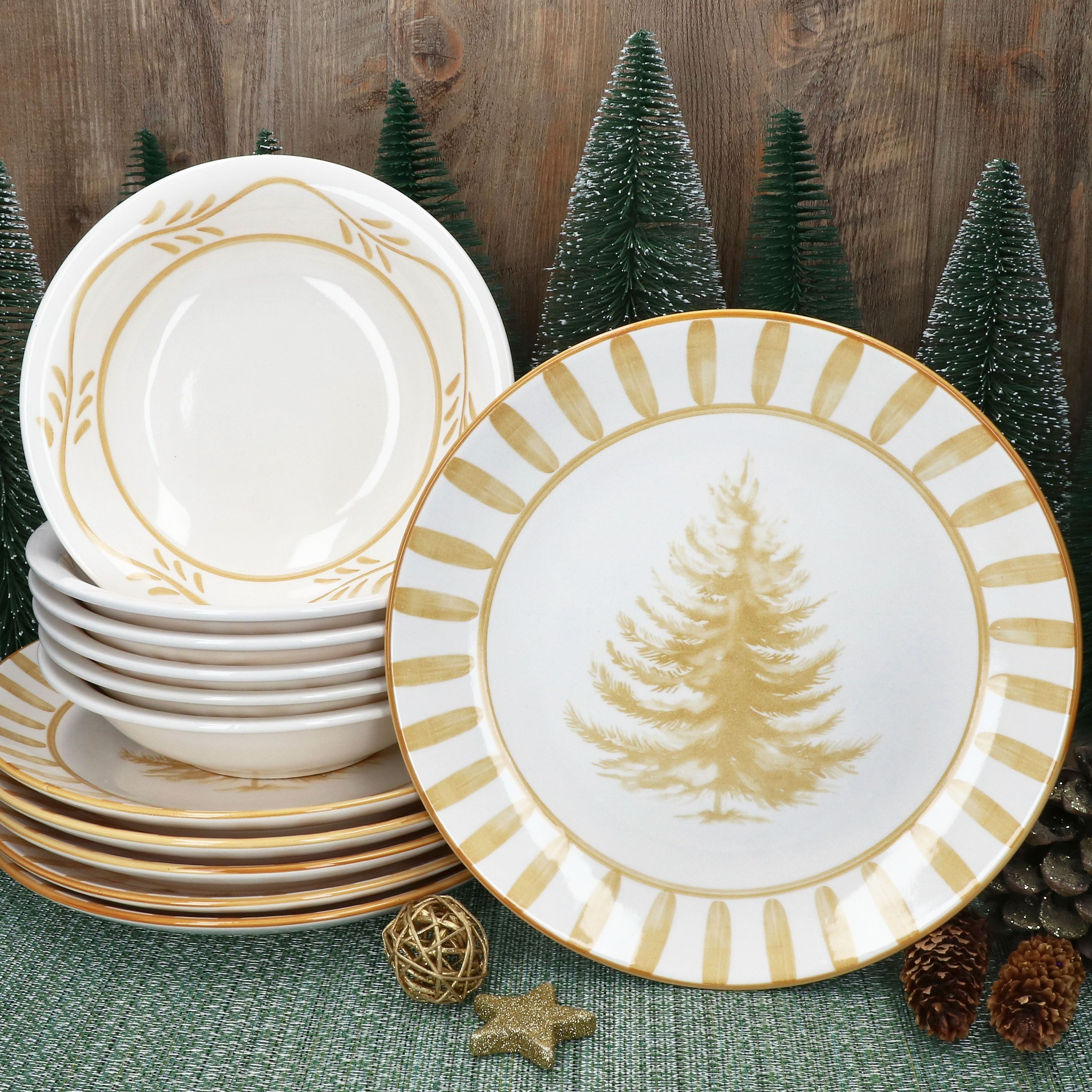 MamboCat Tafelservice 12tlg Tafelservice Wald ocker 6 Personen Essteller Suppenteller, Steingut, Weihnachtsgeschirr, Winter, Weihnachtsset, Geschirr