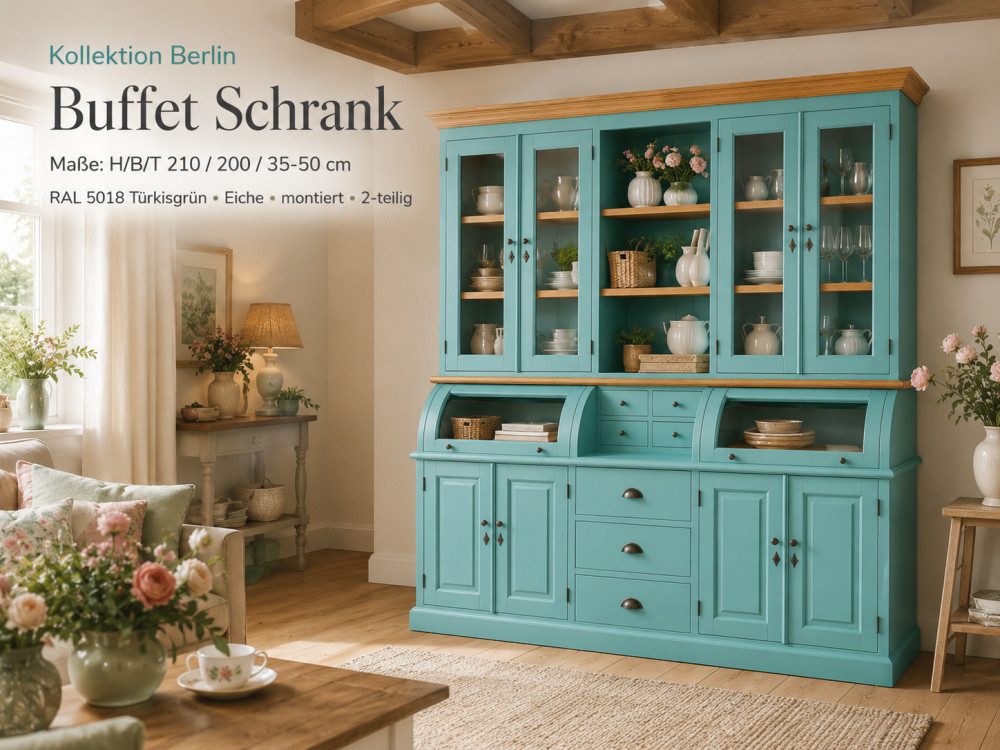 Wohnpalast TV-Board Buffet Schrank Berlin 200 cm türkisblau mit Eiche