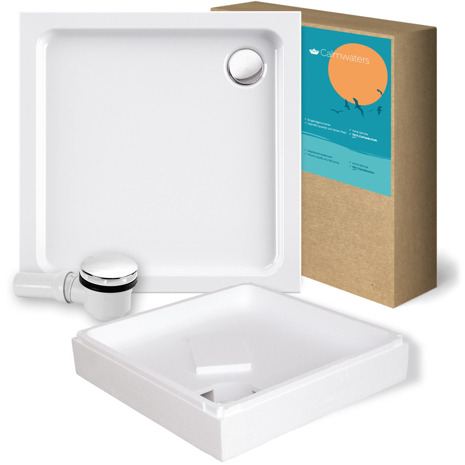 Calmwaters Duschwanne Modern Soft, quadratisch, Acryl, 3-St., Komplettset Dusche, Wannenträger, Ablaufgarnitur, 90 x 90 x 6,5 cm, Weiß, 99000117