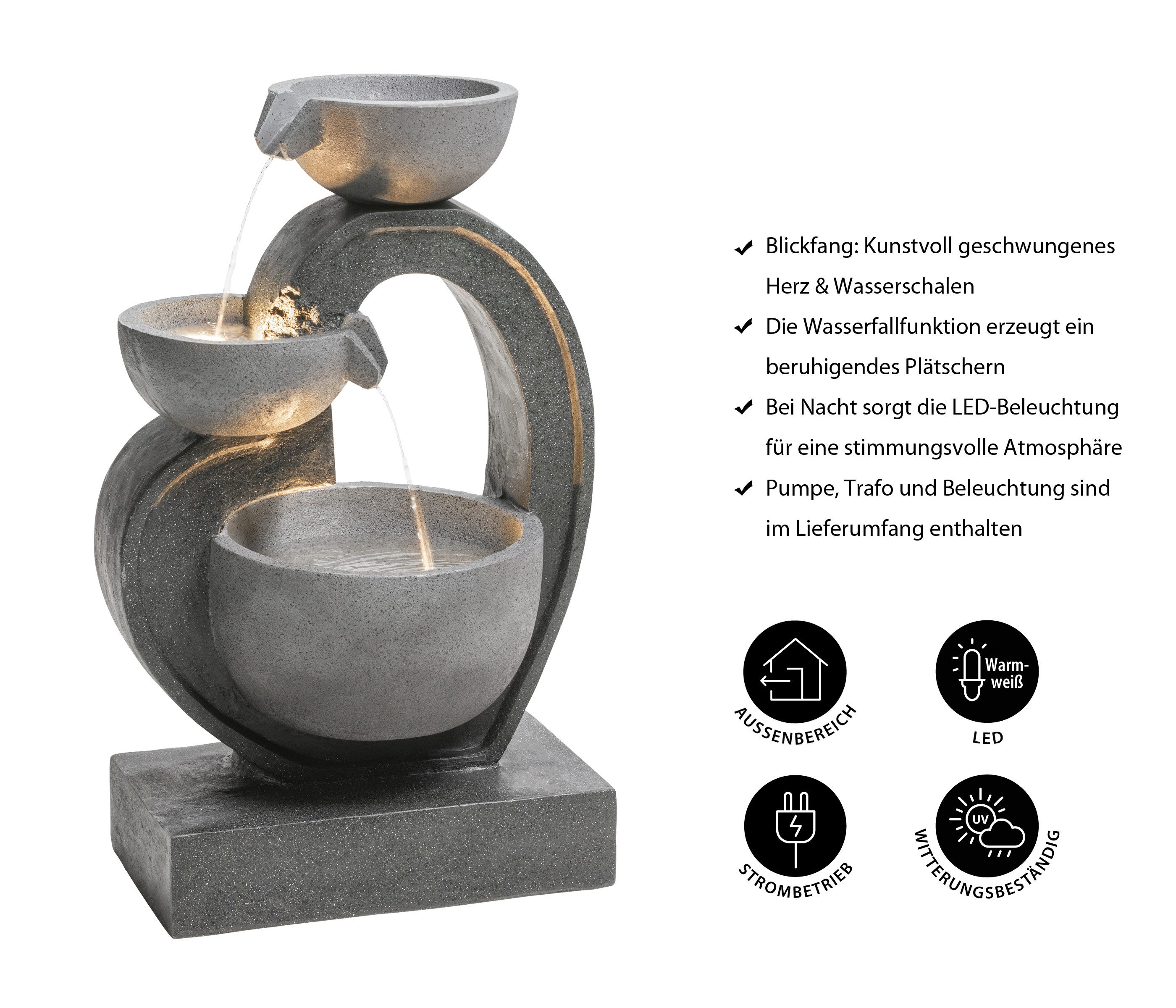 Dehner Gartenbrunnen Heart mit LED, solarfähig, 72.5 x 45.5 x 32.5 cm, Polyresin, 45,5 cm Breite, romantisches Kunststein-Wasserspiel inkl. Beleuchtung, Pumpe und Trafo