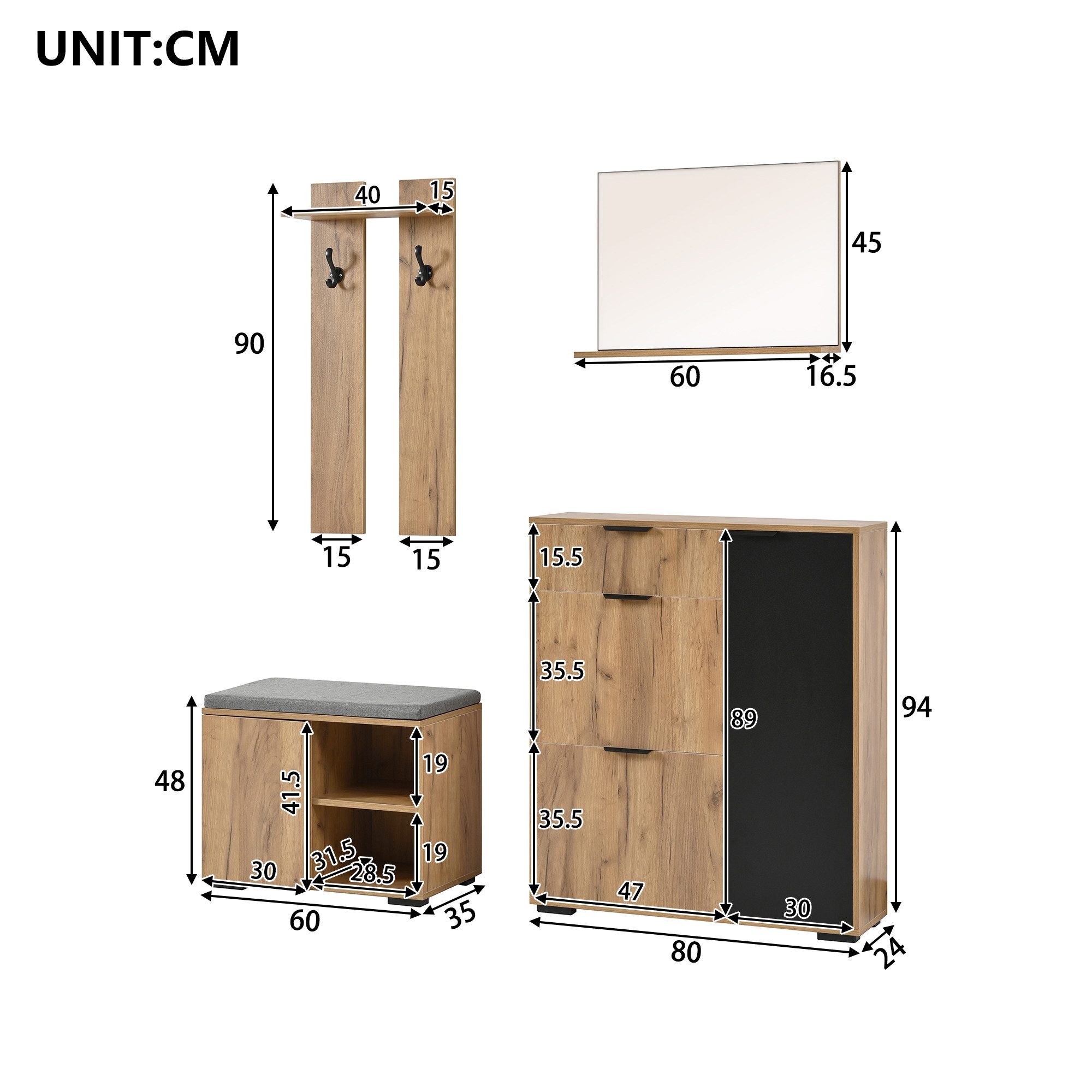 Flieks Garderoben-Set Garderobe mit 1 Spiegel, 2 Haken, Schuschrank und Sitzbank, (Set, 4-St), Flurmöbel-Set Schuhbank mit Sitzkissen, Schuhkommode mit 2 Klappe – Bild 5 von 5