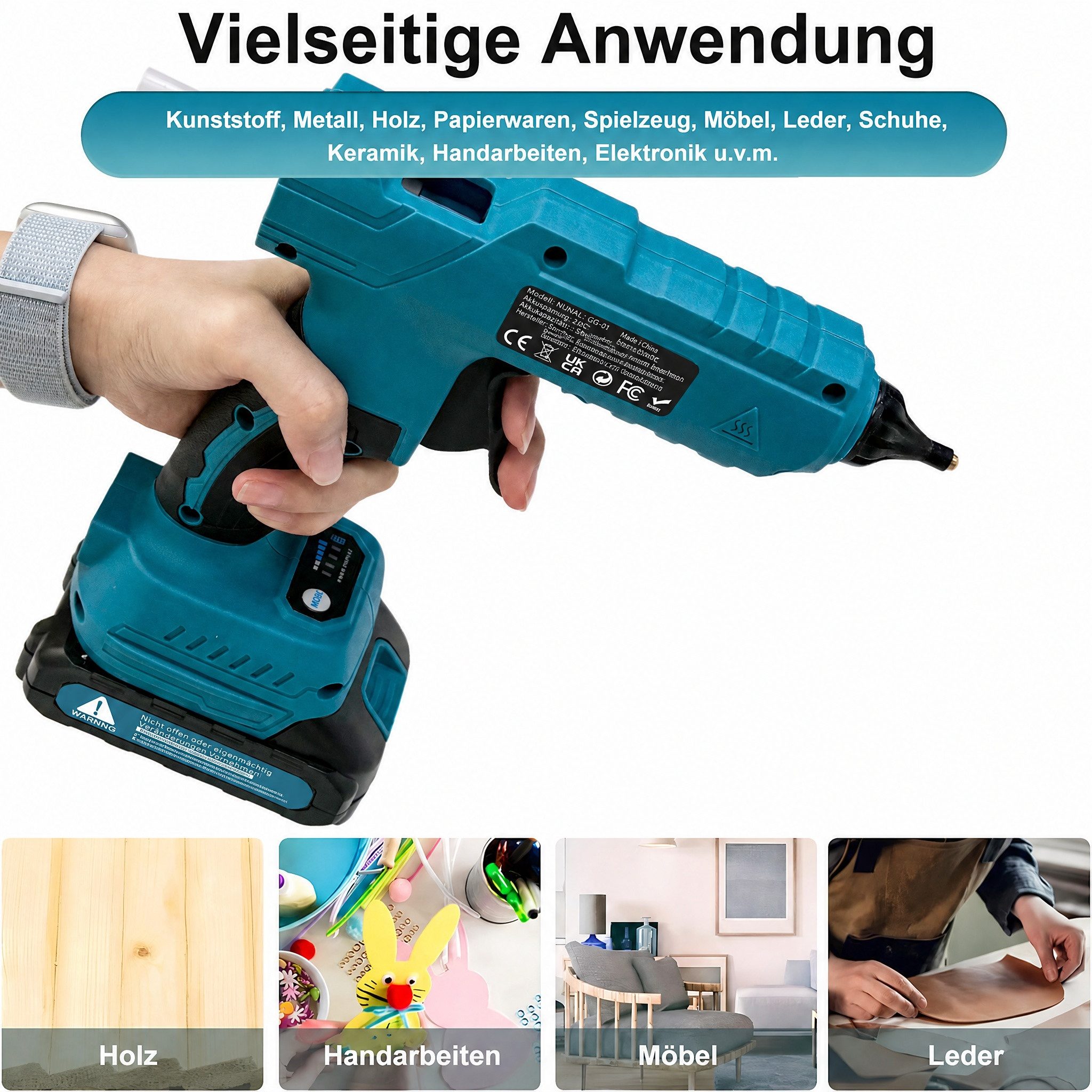 Blossom Heißklebepistole 21V Akku Heißklebepistole kabellos mit 2000mAh Lithium-Akku für DIY, (präziser Messingdüse), schnelle Aufheizung, Anti-Tropf Heißkleber Pistole für Holz, Reparatur