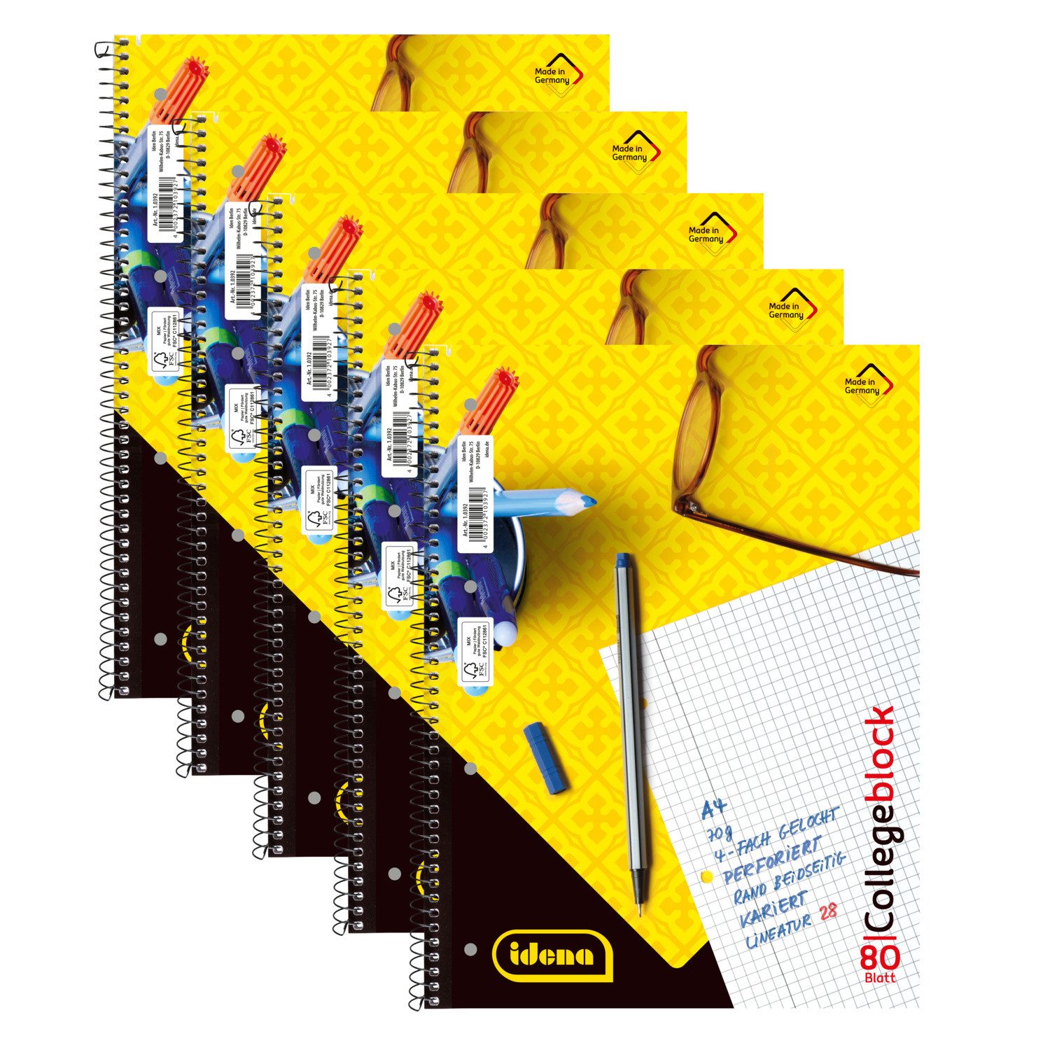 Idena Collegeblock Idena 90367 Bundle Collegeblöcke Lineatur 28 kariert mit Doppelrand