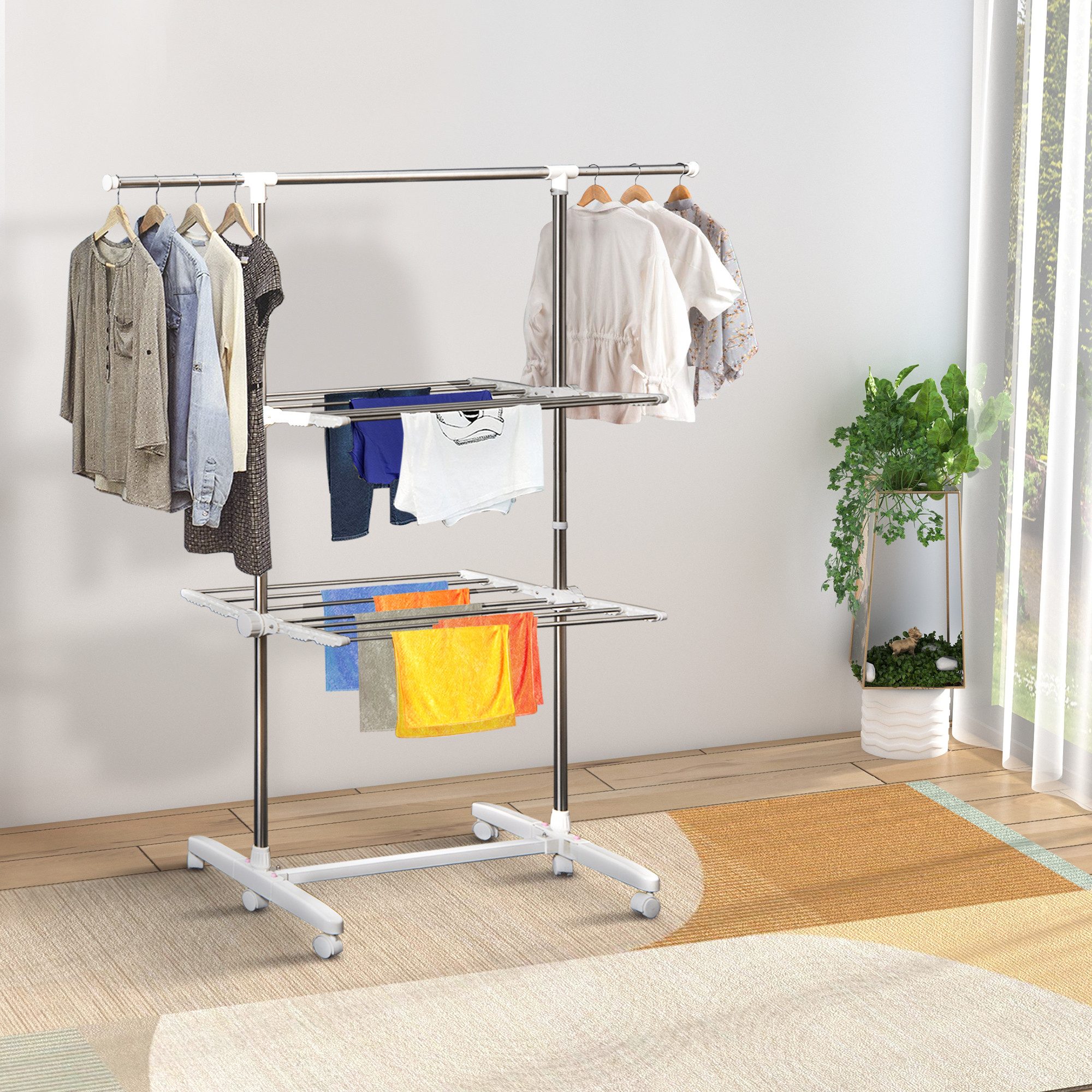 HOMCOM Wäscheständer Turm ausziehbar Standtrockner mit 3 Ebenen, klappbare Flügel, Stahl Weiß 83-136,5 x 55 x 154 cm
