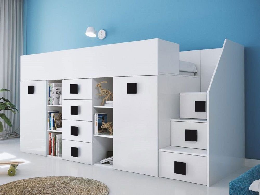 Feldmann-Wohnen Hochbett TOLEDO 3 (Etagenbett mit Schreibtisch + Kleiderschrank) Farbe wählbar - Treppe rechts weiß / weiß Hochglanz - Griffe schwarz