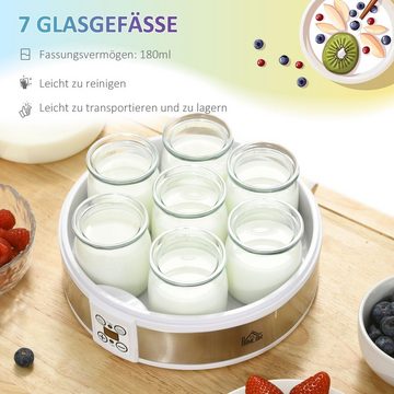 HOMCOM Joghurtbereiter Joghurtmaschine mit Timer, Joghurt-Maker mit Temperatur-Einstellung, 7 Portionsbehälter, je 180 ml, 7 Gläser à 180 ml, automatischer Abschaltung, 20 W, Weiß