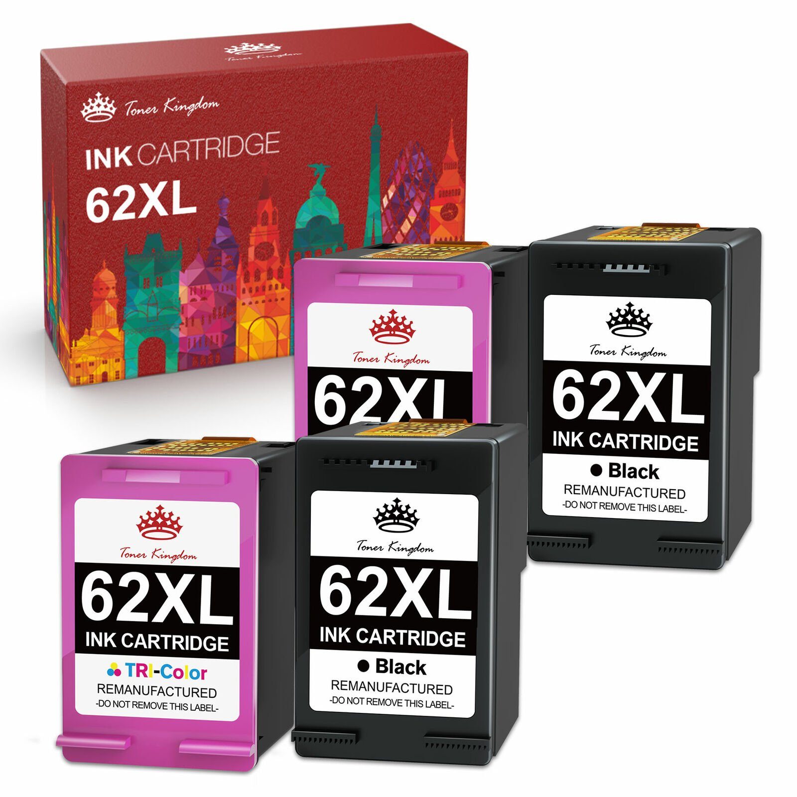 Toner Kingdom für HP 62 XL 62XL Kompatibel mit 5540 5544 5640 Tintenpatrone 1 Schwarz & 1 Dreifarbig-2 Schwarz & 2 Dreifarbig