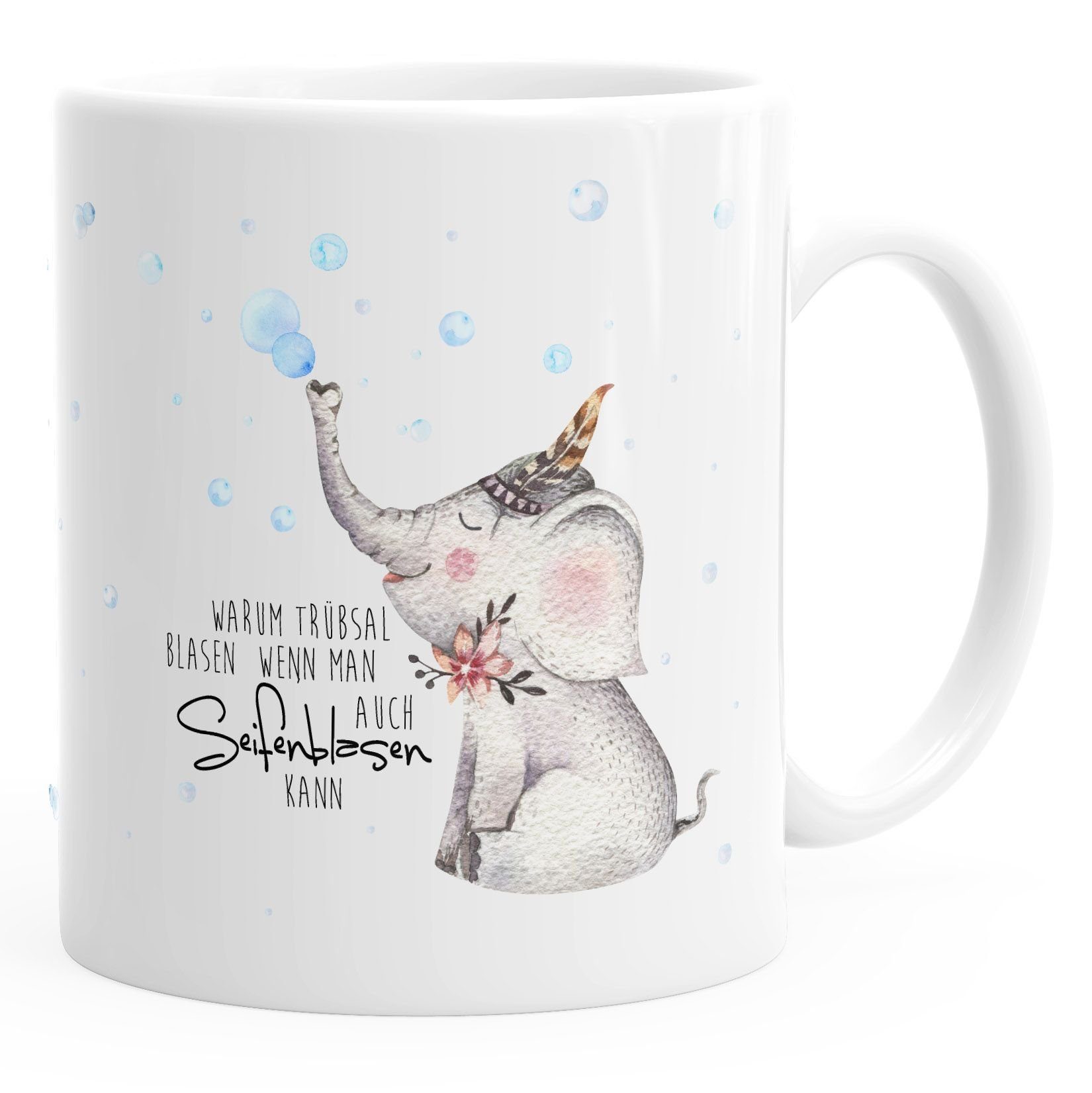 MoonWorks Tasse süße Kaffeetasse Elefant Warum Trübsal blasen wenn man auch seifenblasen kann Spruch Motivation positives Denken fröhlich MoonWorks®, Keramik