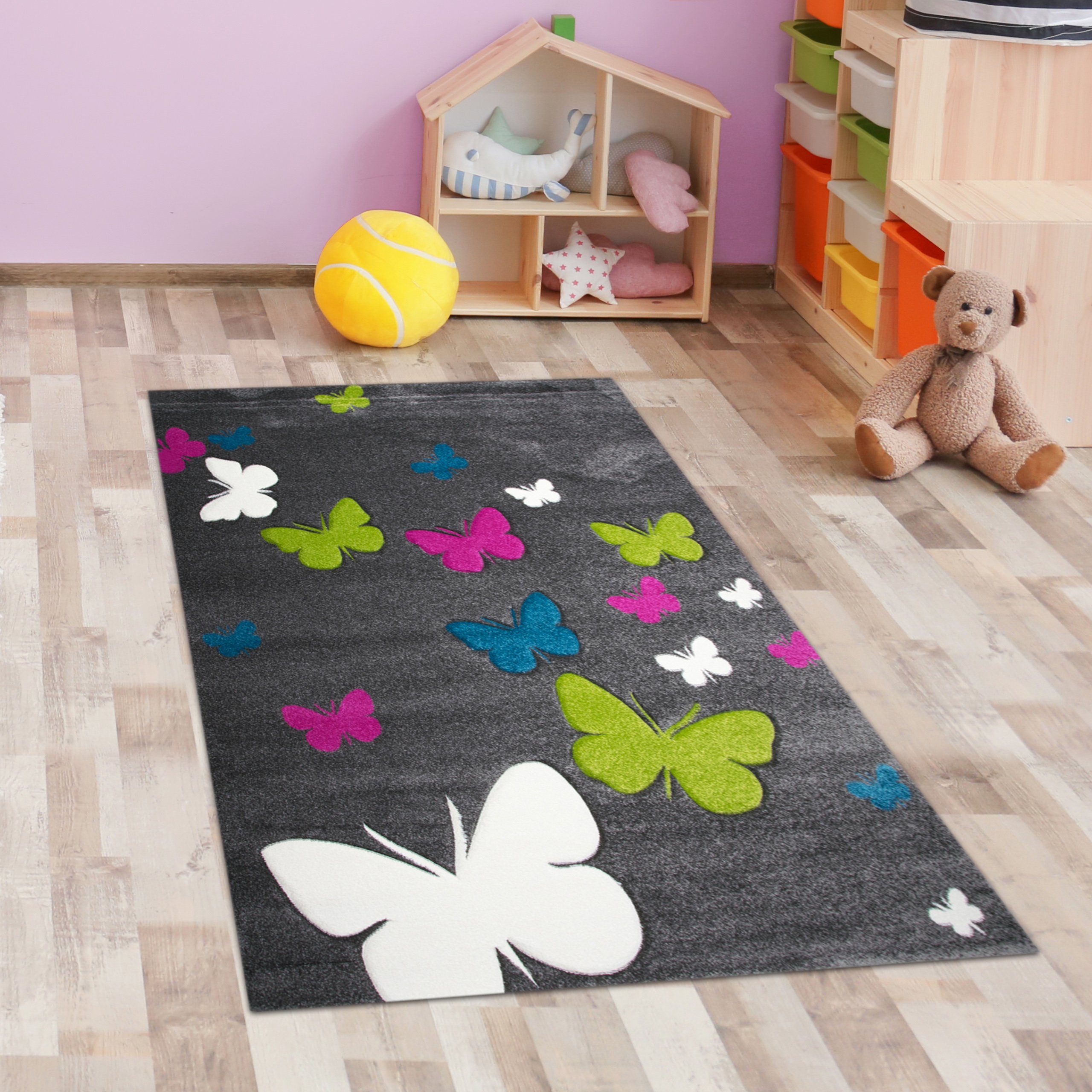 Kinderteppich Niedlicher Schmetterlings-Teppich für Kinderzimmer in grau