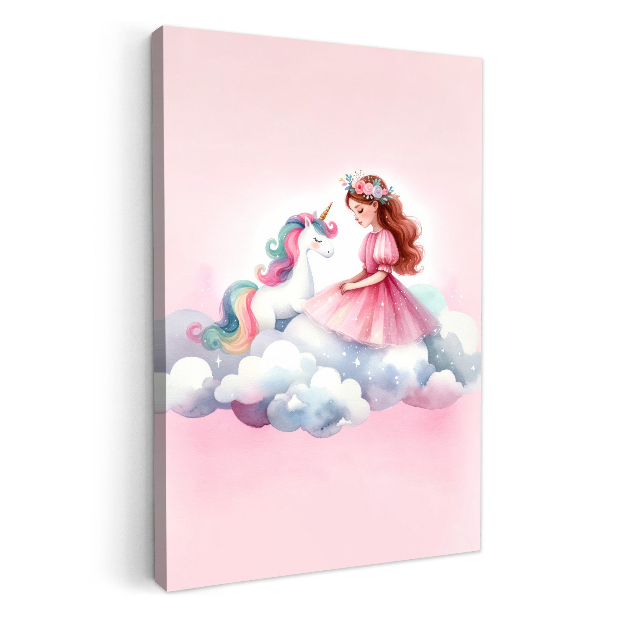 OneMillionCanvasses® Leinwandbild Einhorn - Prinzessin - Einhorn - Rosa - Wolken, Fotodruck (1 St), Kinderzimmer Deko, Mädchen und Jungen Bilder 20x30 cm