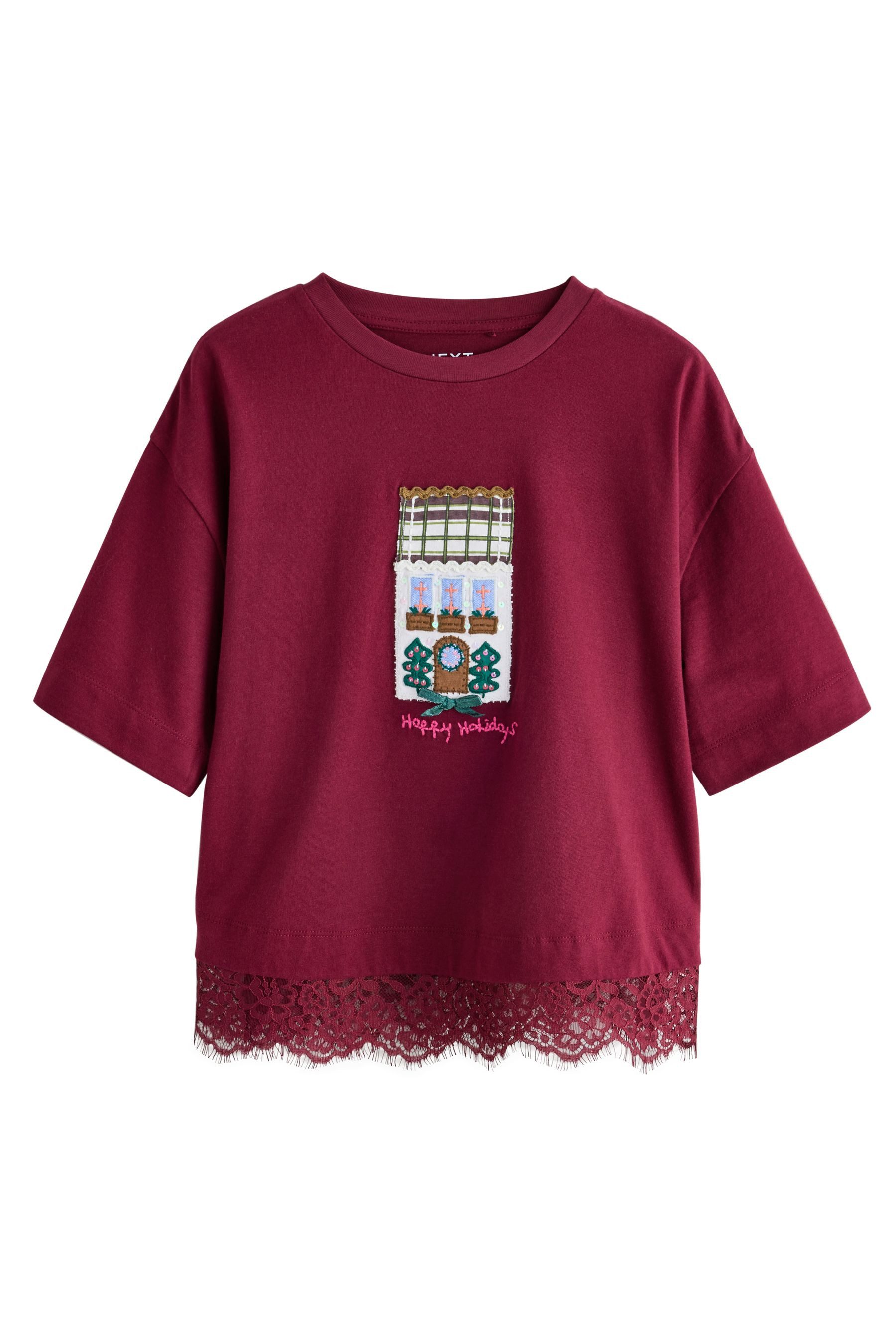 Next T-Shirt T-Shirt mit Weihnachts-Applikation und Spitzensaum (1-tlg)