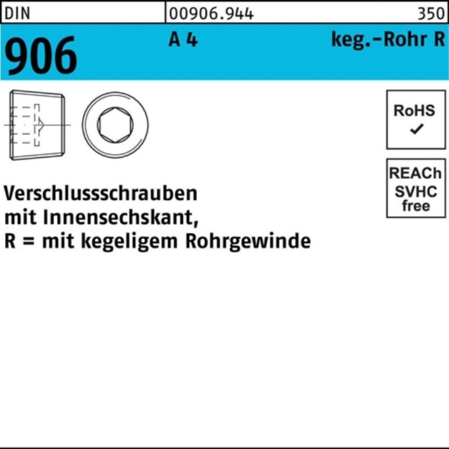 Reyher Schraube 100er Pack Verschlußschraube DIN 906 Innen-6kt R 3/8 A 4 100 Stück D