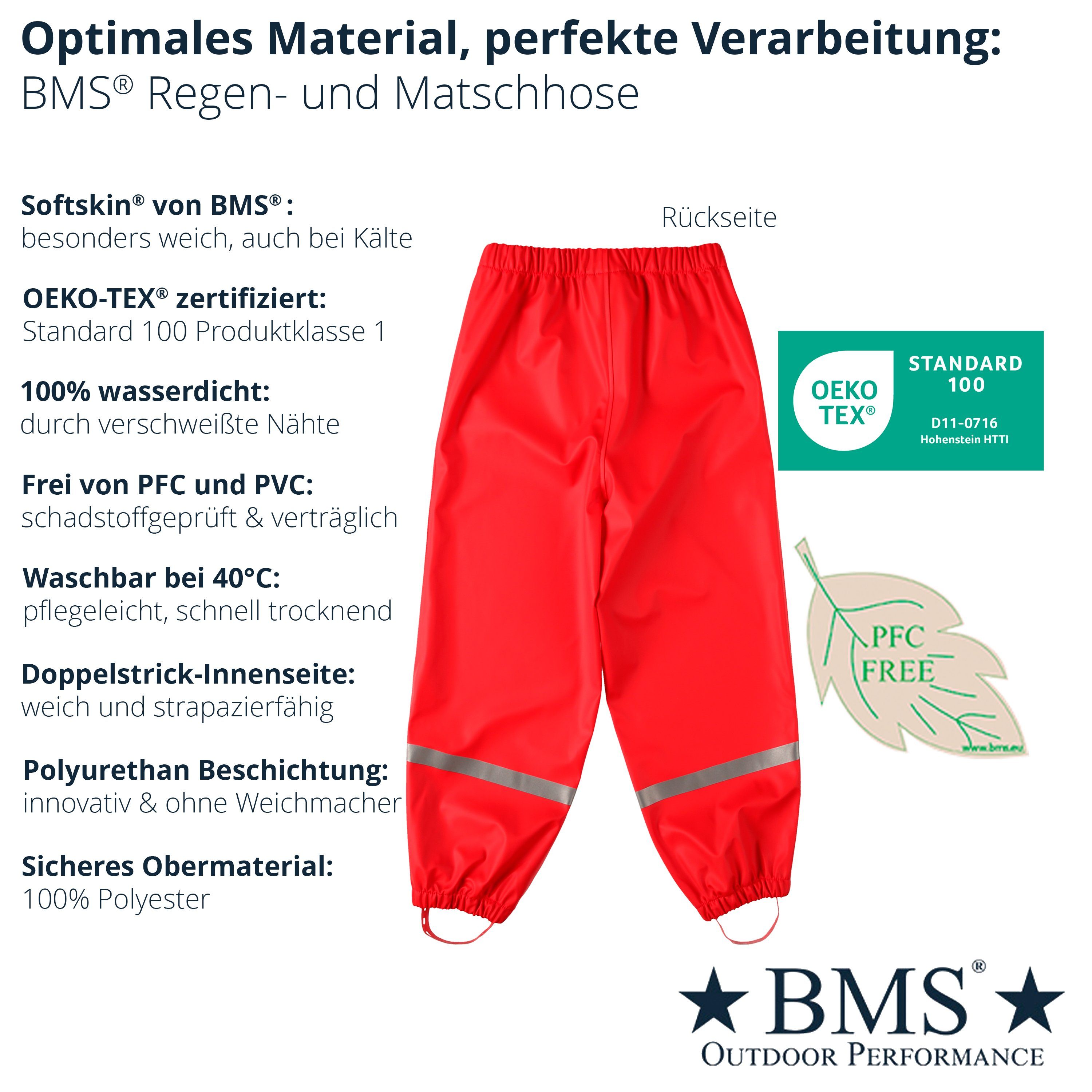 für rot nachhaltig Regenbundhose 100% BMS BMS und für Regen- wasserdicht den ideal Kinder Waldkindergarten Matschhose