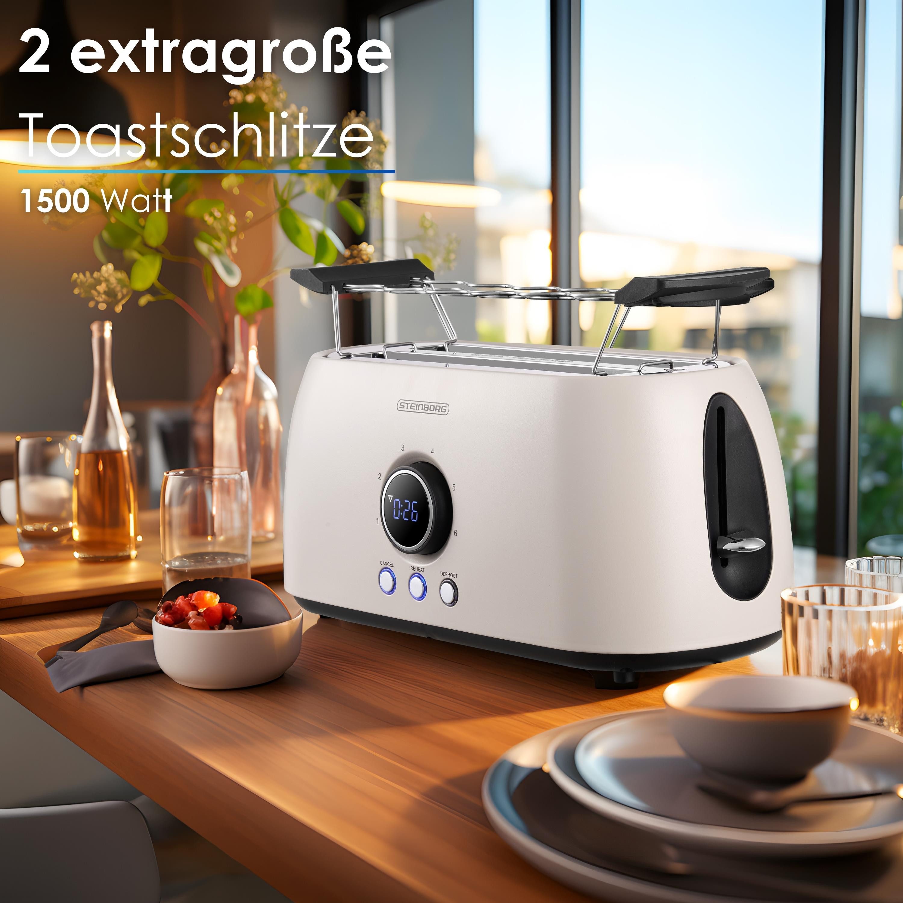 STEINBORG Toaster SB-2214, 2 lange Schlitze, für 4 Scheiben, 1500 W, Edelstahl Gehäuse,Brötchenaufsatz,Krümelschublade,LED Display