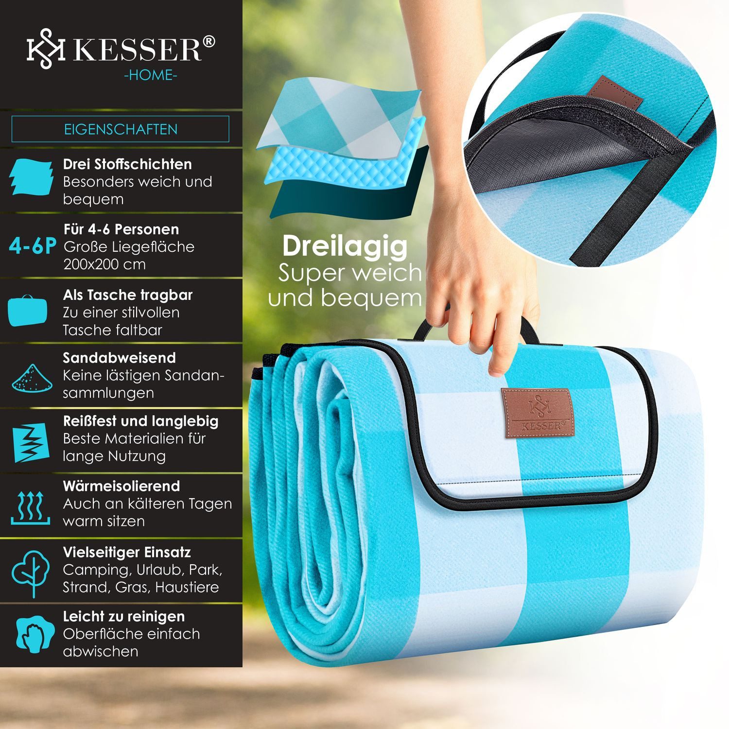 Picknickdecke, KESSER, Picknickdecke campingdecke XXL 200 cm wärmeisoliert